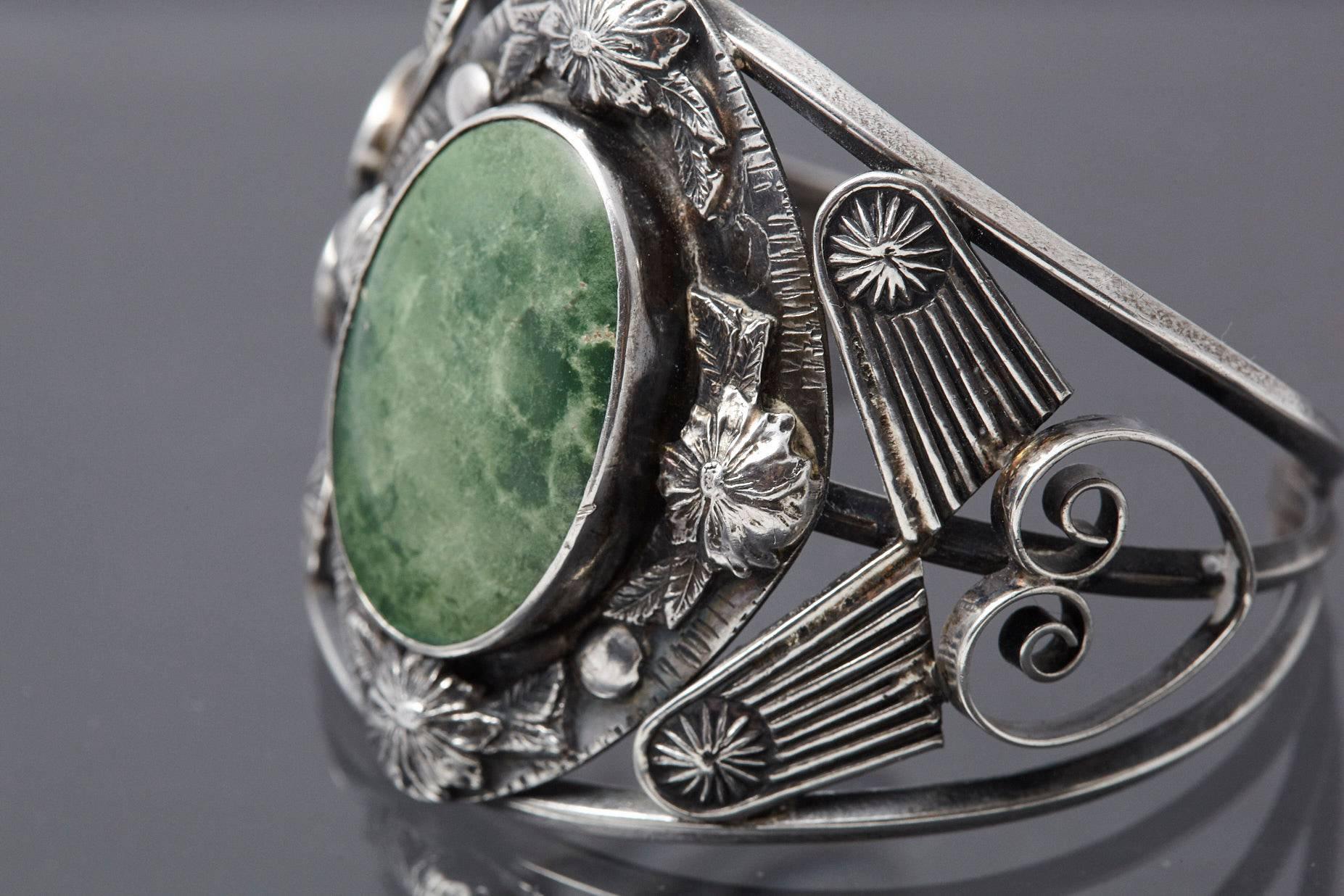 Sterling Cuff with Large Green Centre Turquoise and Elaborated Reliefs, 1940s 2