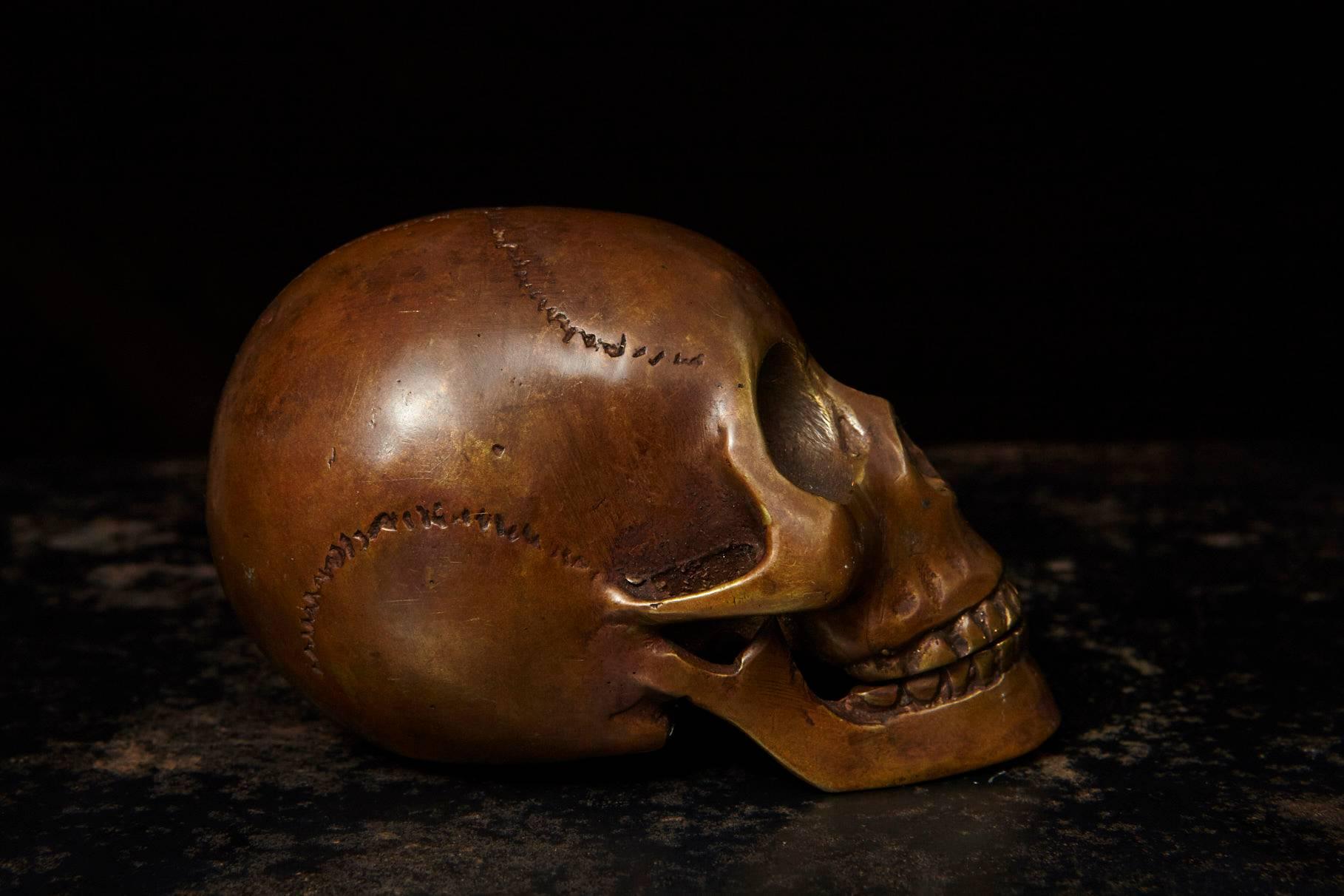 American Memento Mori Bronze Statue of a Human Skull For Sale