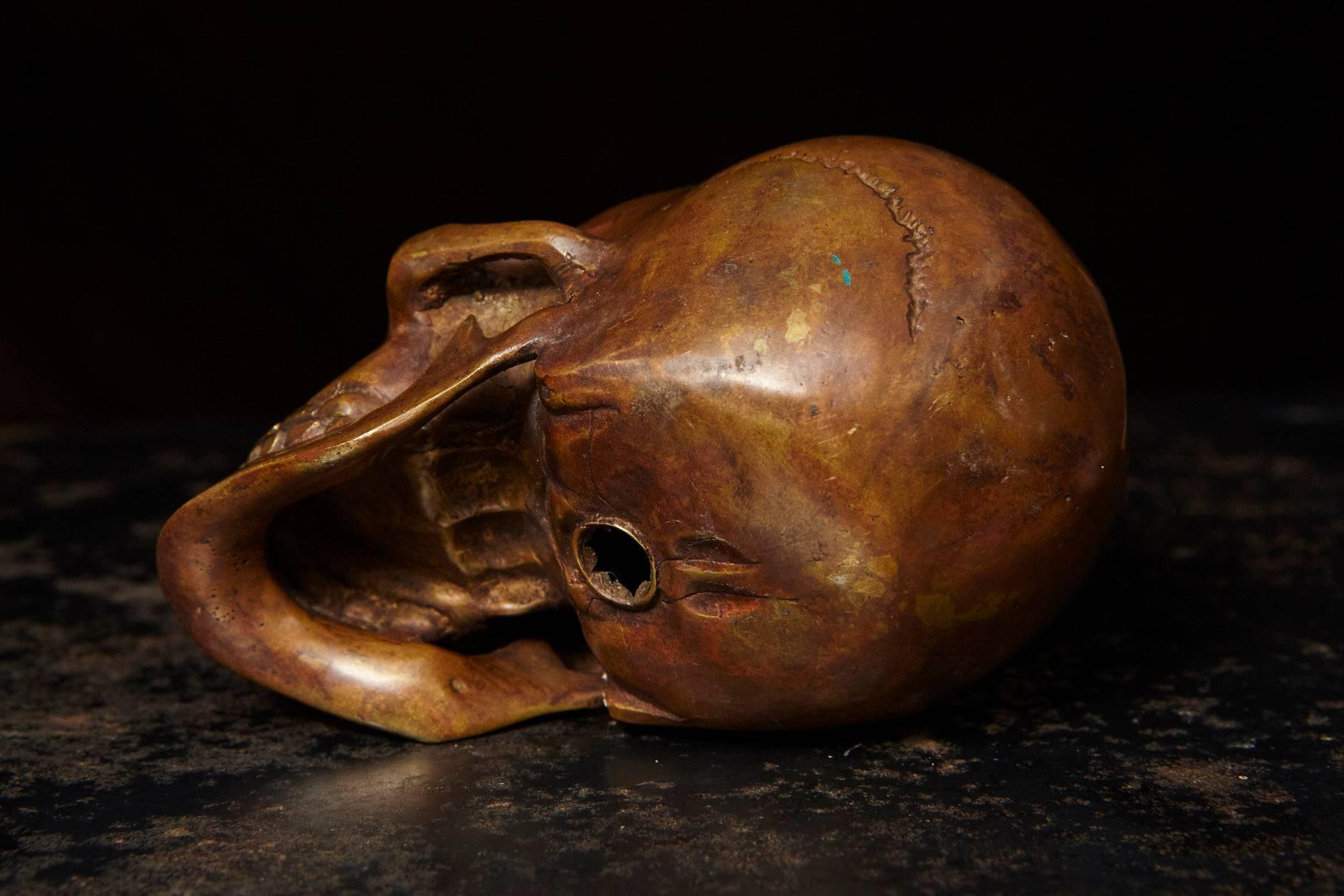 Late 20th Century Memento Mori Bronze Statue of a Human Skull For Sale