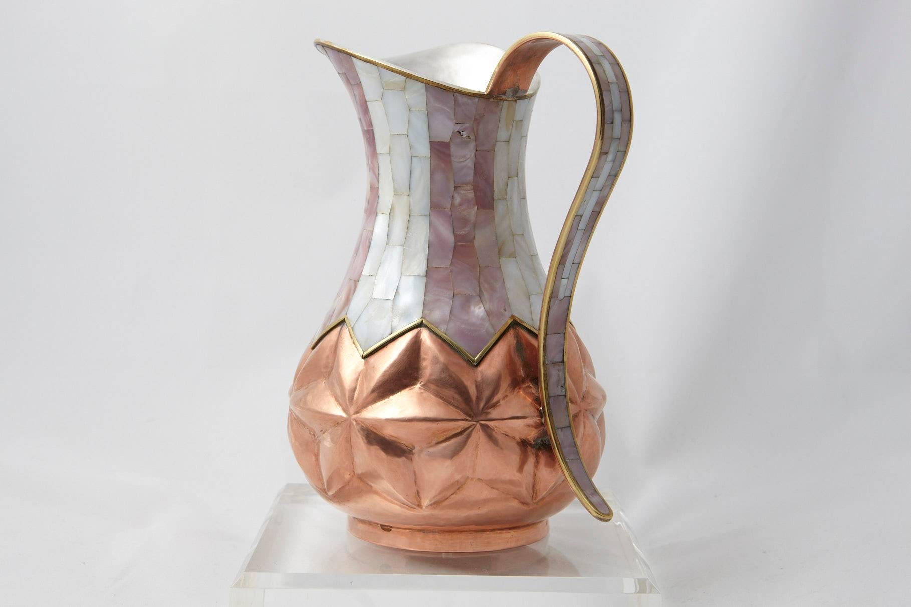 Mid-Century Modern Los Castillo Taxco Hammered Brass and Silver Plate Pitcher with Abalone Inlays For Sale