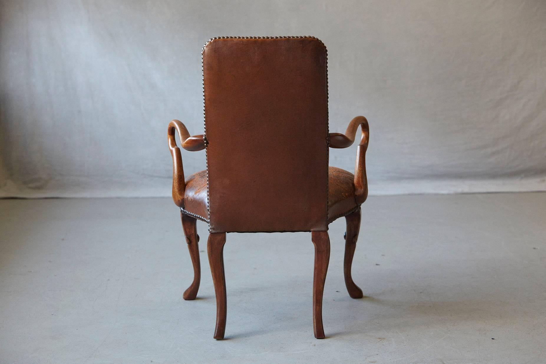 20th Century George III Style Solid Mahogany and Distressed Worn Leather Desk  Armchair