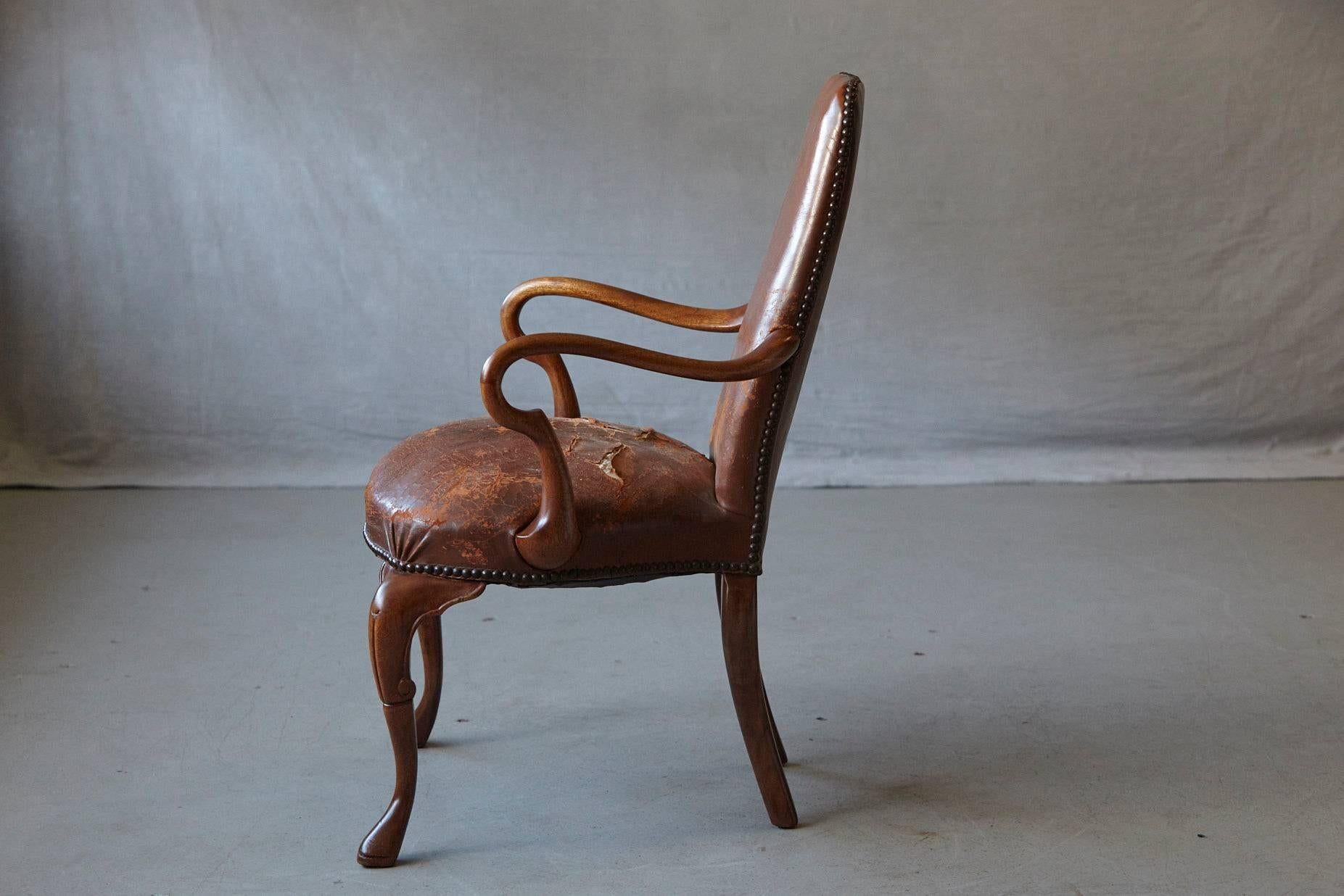 George III Style Solid Mahogany and Distressed Worn Leather Desk  Armchair 1