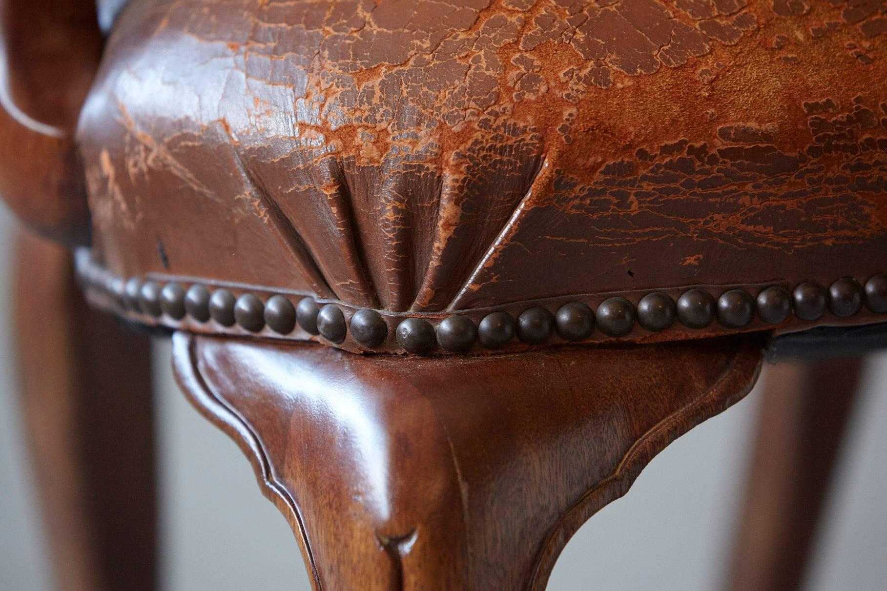 George III Style Solid Mahogany and Distressed Worn Leather Desk  Armchair 3