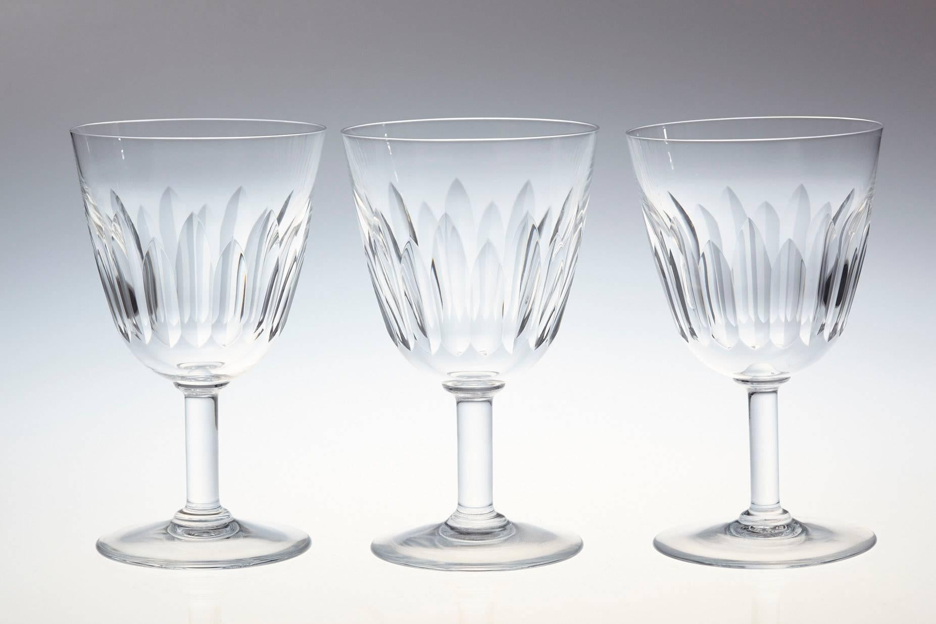 Rare set of six Baccarat crystal red wine glasses in the 'Lorraine' pattern. The glasses are in a vertical cut bowl form with a round stem. 
This pattern was manufactured between 1953-1978. 
The glasses are in a very good condition.