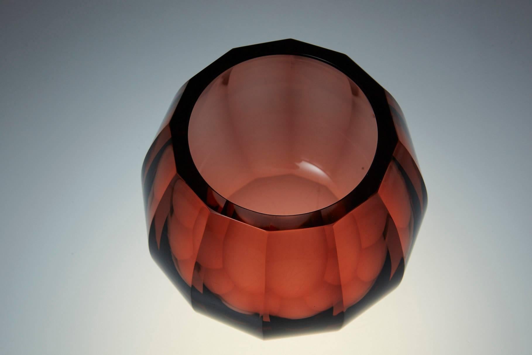 20th Century Amber Hand-Cut Crystal Vase Attributed to Josef Hoffmann Signed Moser & Söhne For Sale