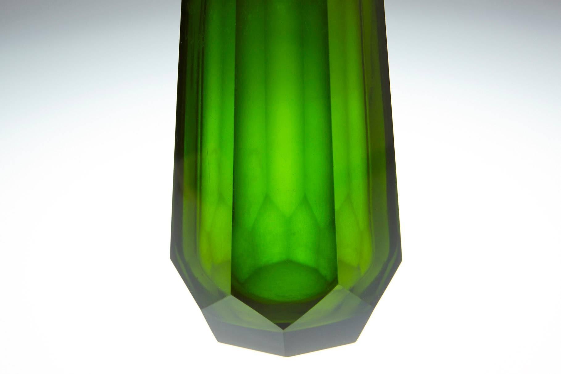 Green Hand Cut Crystal Vase Attributed to Josef Hoffmann for Moser & Söhne 1