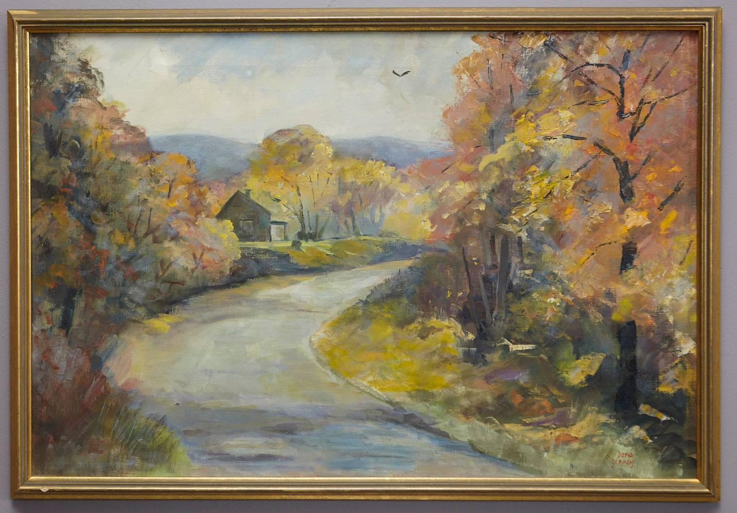 Doris Jenney, Connecticut Landscape, circa 1960s. Framed oil on canvas, signed at lower right.
Measurements: with frame H 22 x W 32, sight H 20.5 x W 30.5

Doris Jenney (American 1912 - 1996) was a painter. Her husband, Robert 'Bob' Jenney, was a
