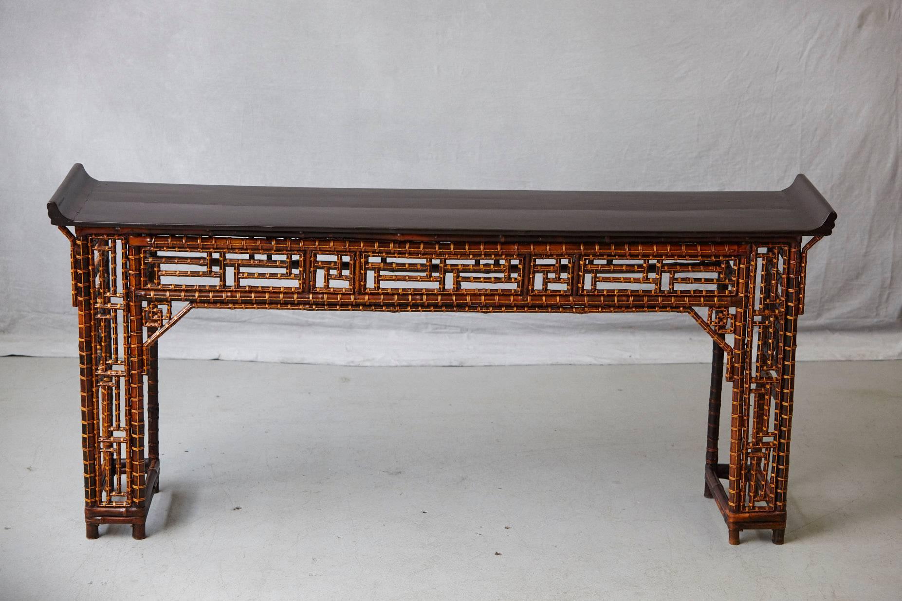 Early 20th Century Chinese Bamboo Altar Table with Black Lacquer Top
