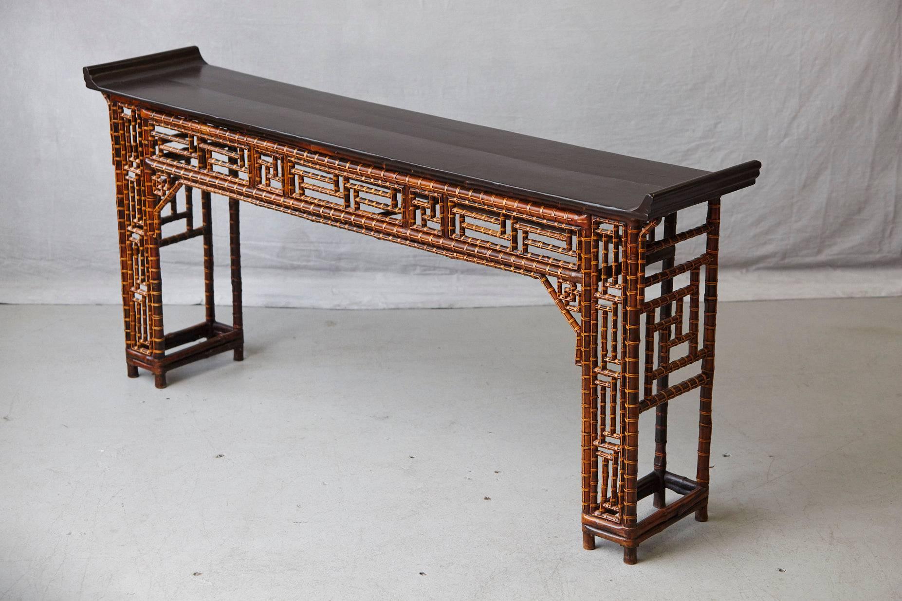 Lacquered Chinese Bamboo Altar Table with Black Lacquer Top