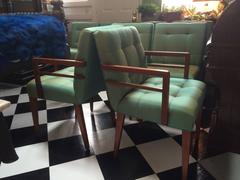 Eight Mid-Century Teak Dining Chairs in Vintage Celadon Silk