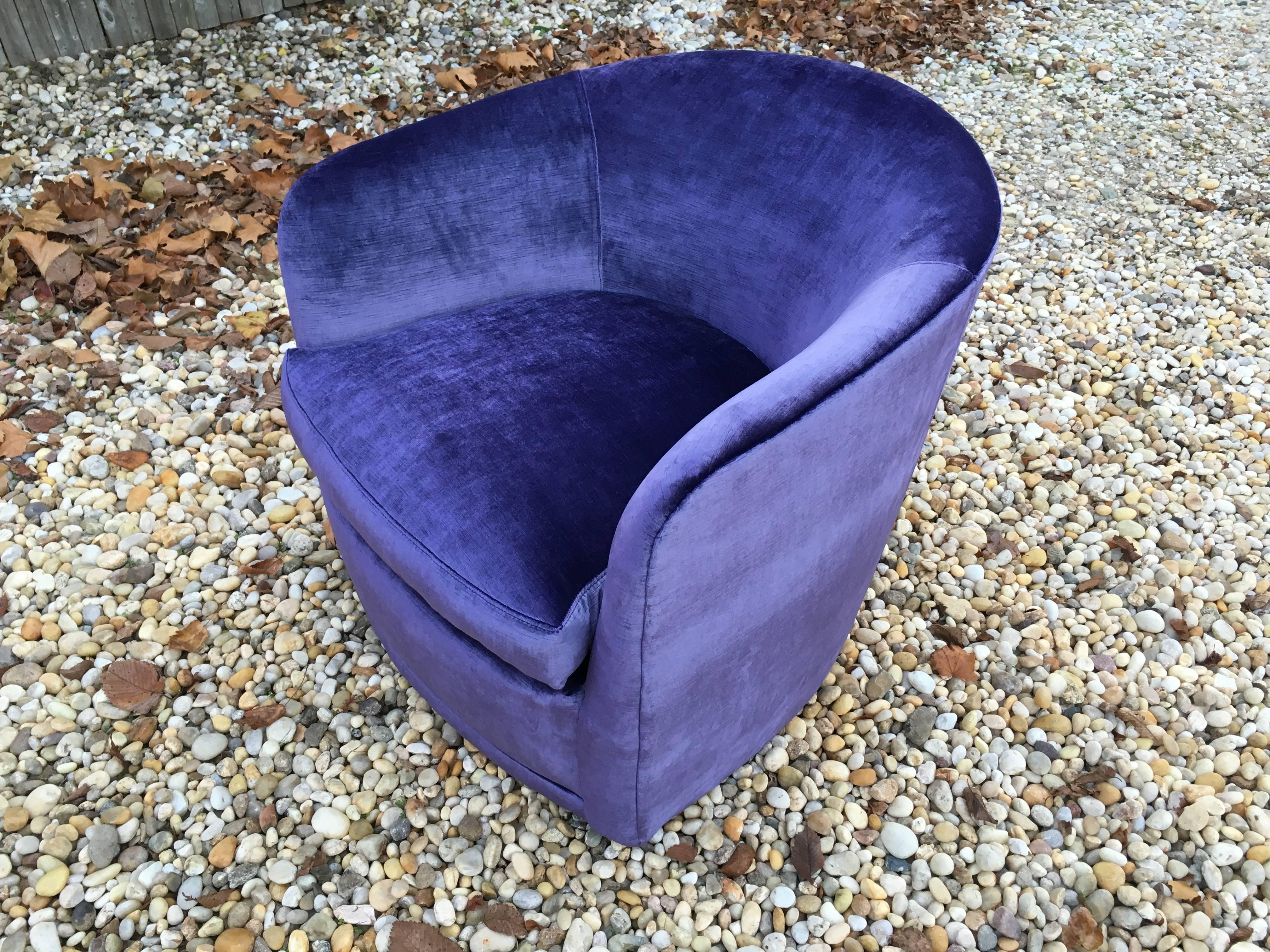 A lovely Baughman tub chair recovered in violet/periwinkle velvet.