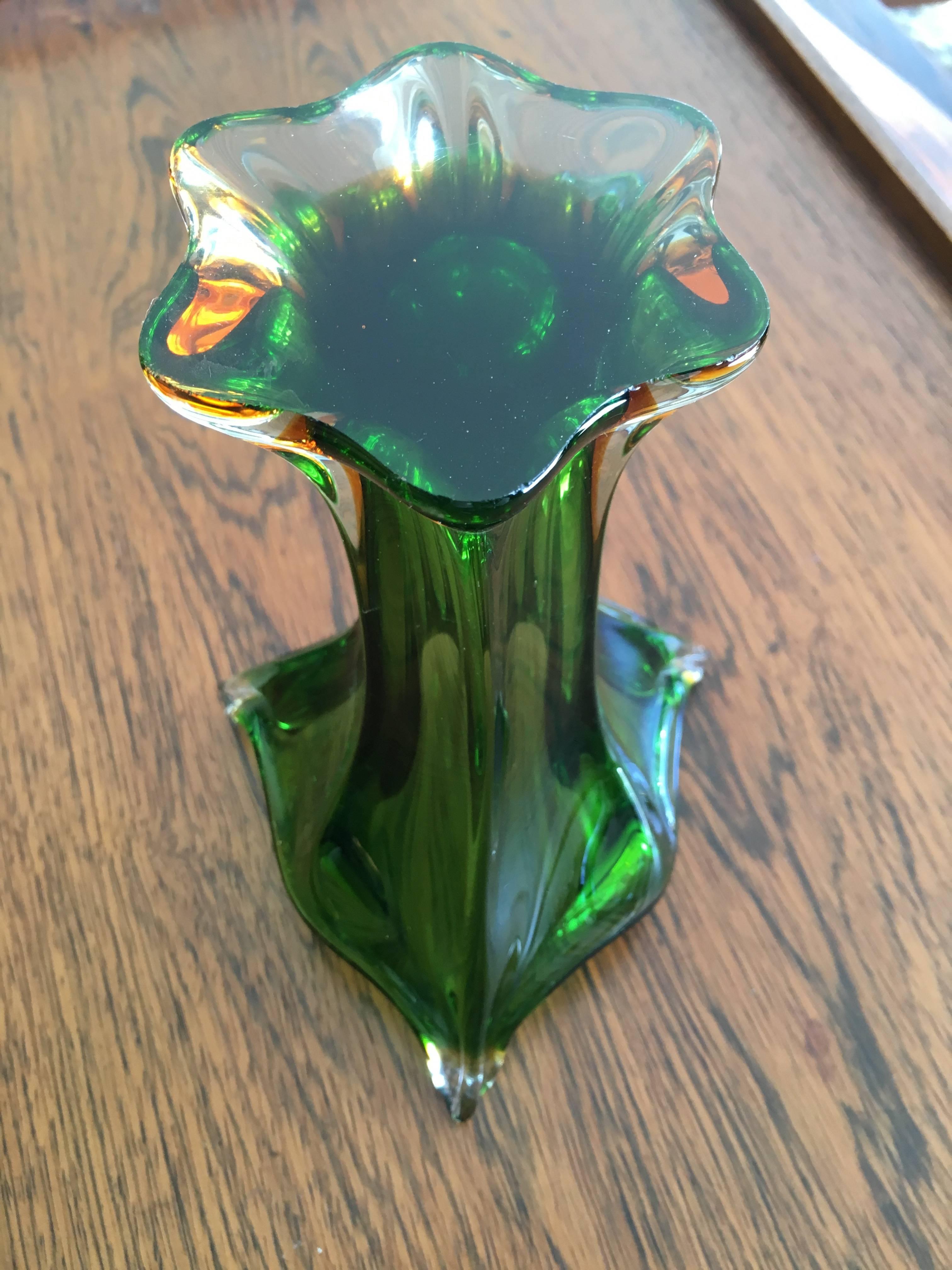 Lovely vintage Flavio Poli small handblown Murano Sommerso trumpet vase in green, orange and yellow.