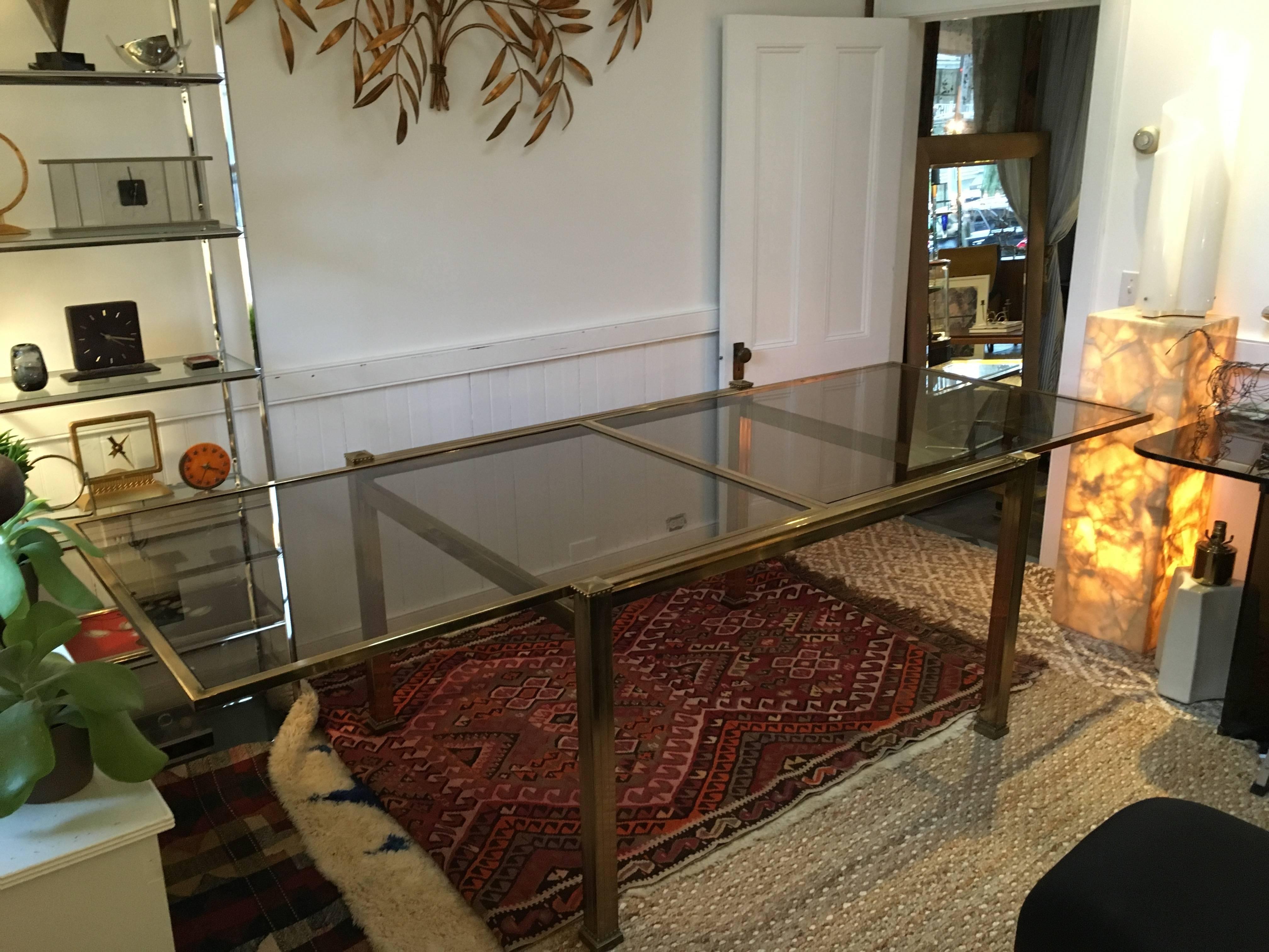 Modern Mastercraft Brass and Smoked Glass Extension Dining Table