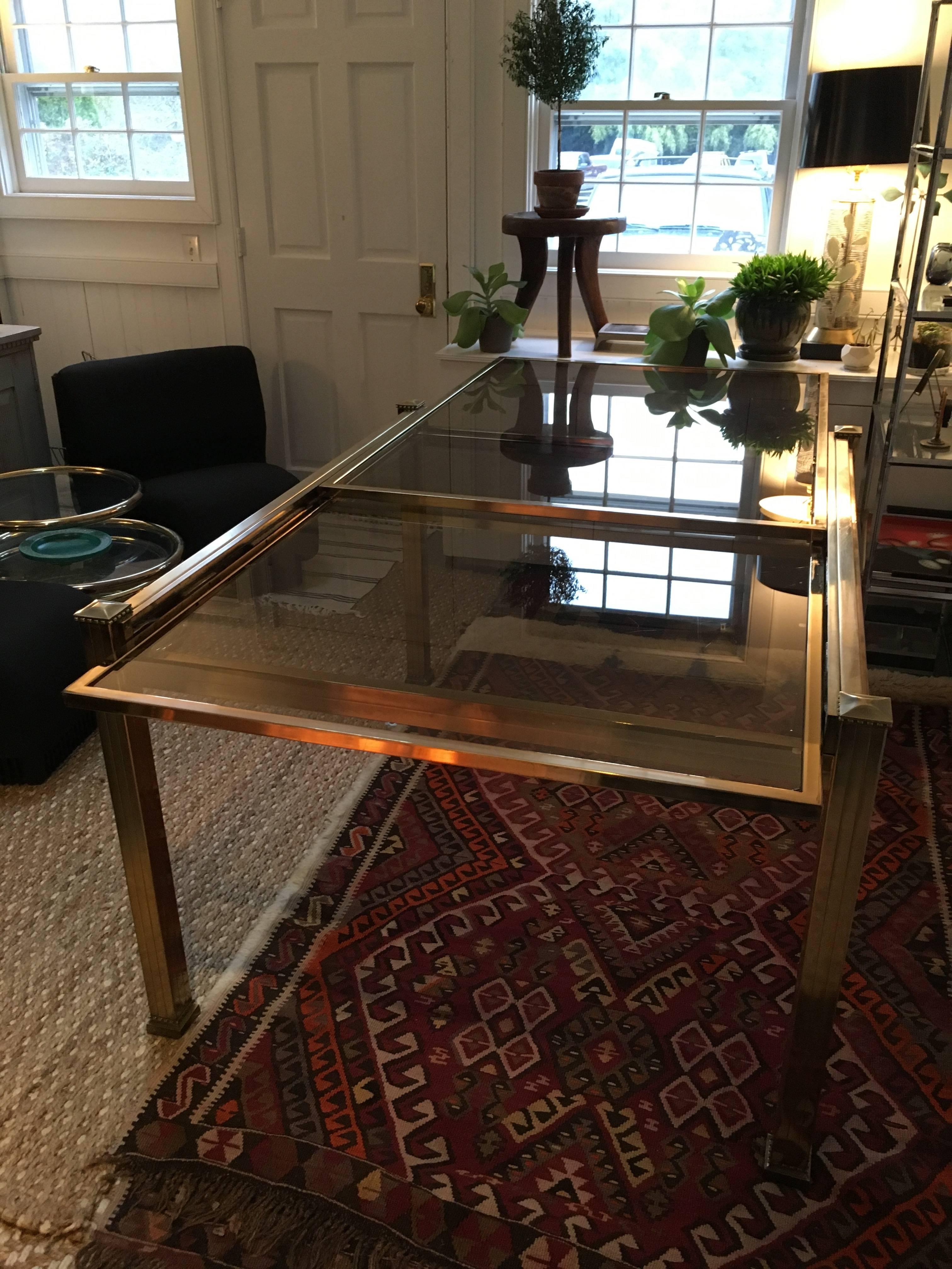 North American Mastercraft Brass and Smoked Glass Extension Dining Table