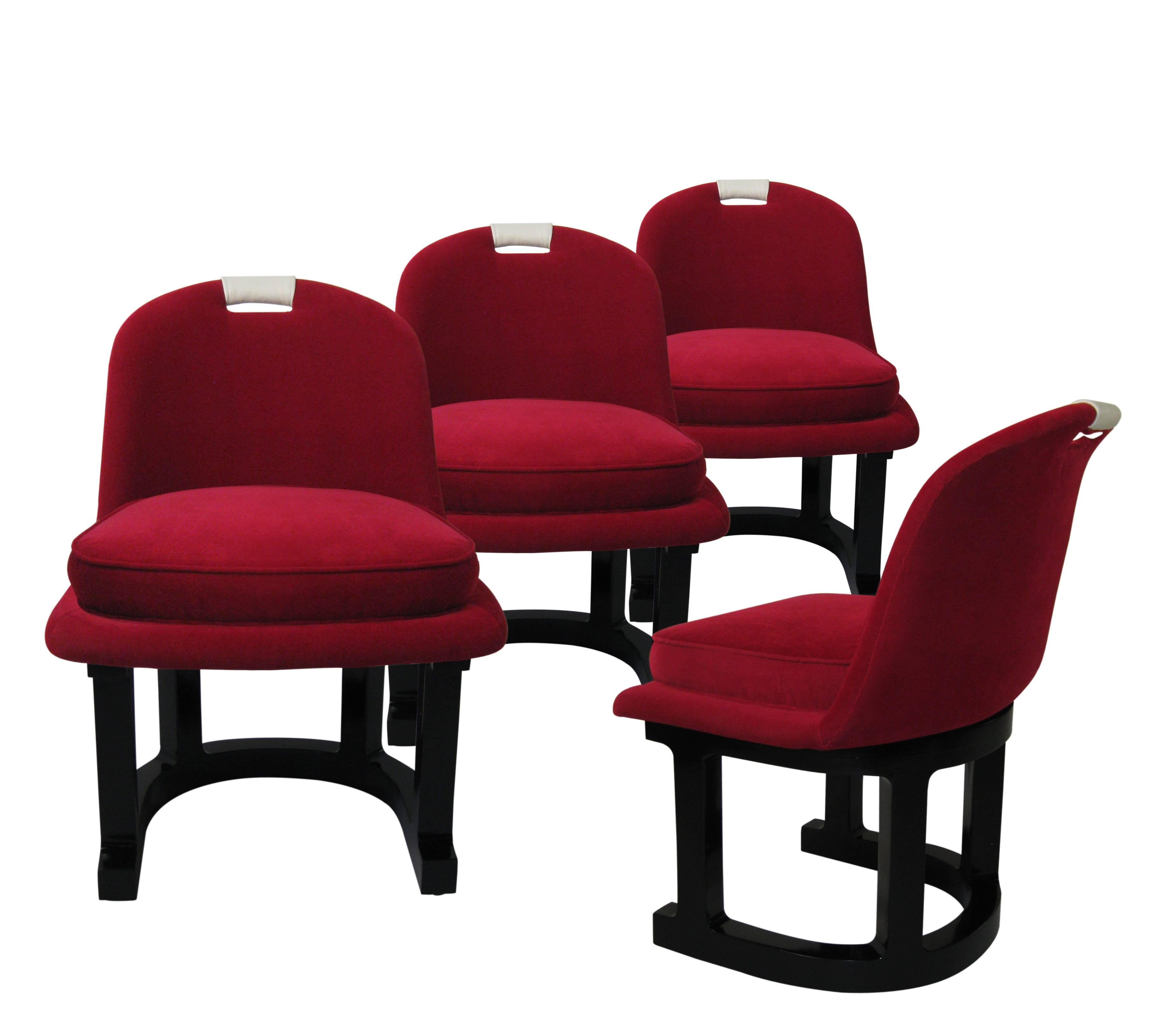 Set of Four Chairs Fiberglass Frame, Velvet Leather and Lacquer, USA, circa 1960 For Sale