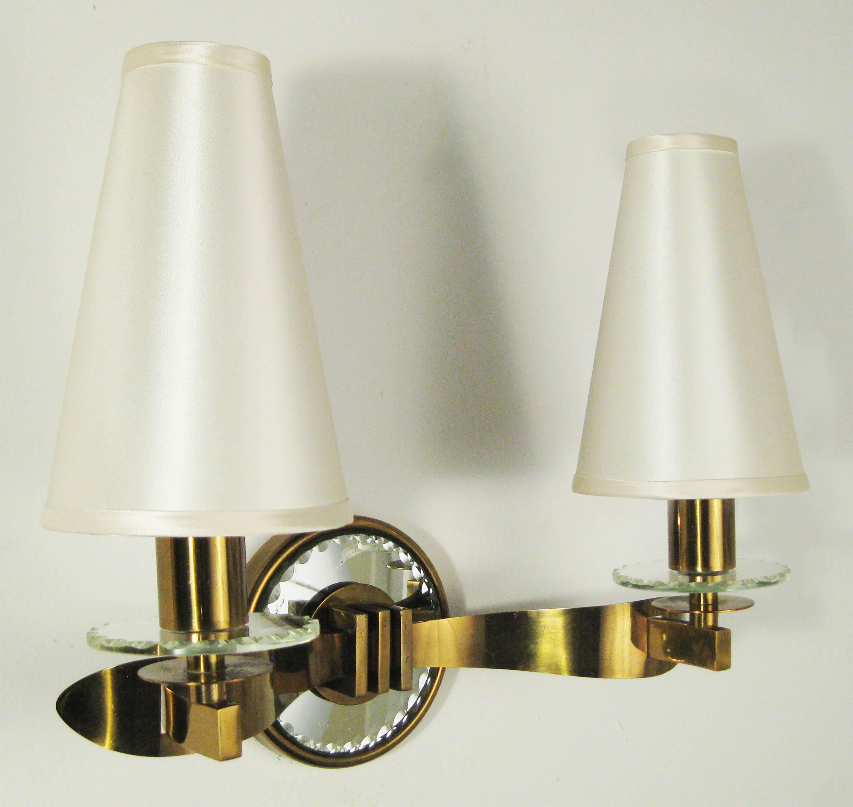 Pair of Jules Leleu Style Sconces, Brass, Mirror and Glass, France, circa 1940 2