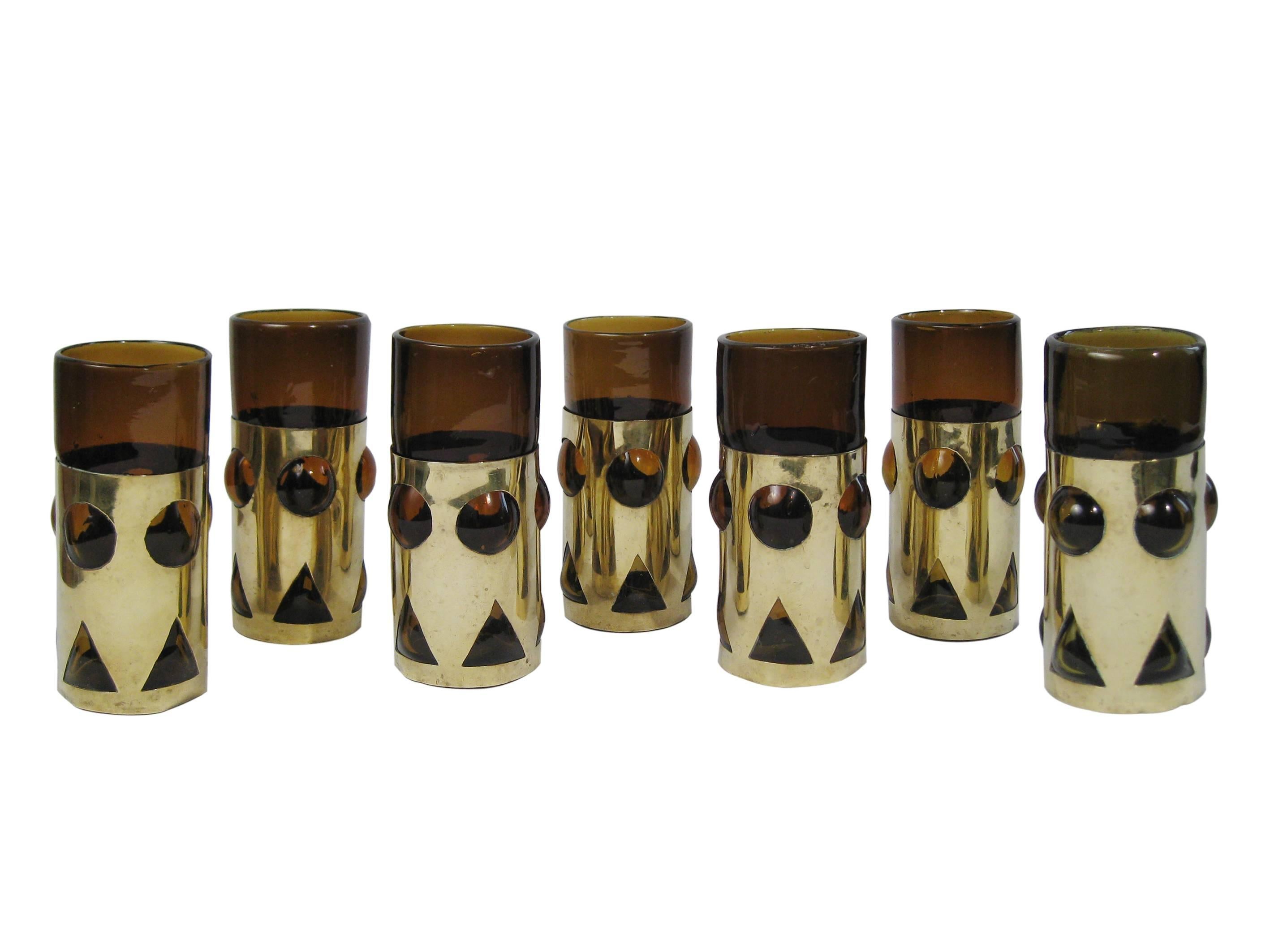 Glasses, Blown Glass and Brass, Felipe Derflingher, Mexico, circa 1970 In Excellent Condition For Sale In Mexico City, Cuauhtemoc