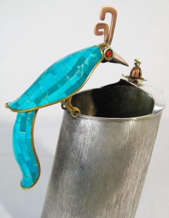 Silvered Brass and Copper Pitcher, Turquoise Coral, Los Castillo Taxco, Mex 1960