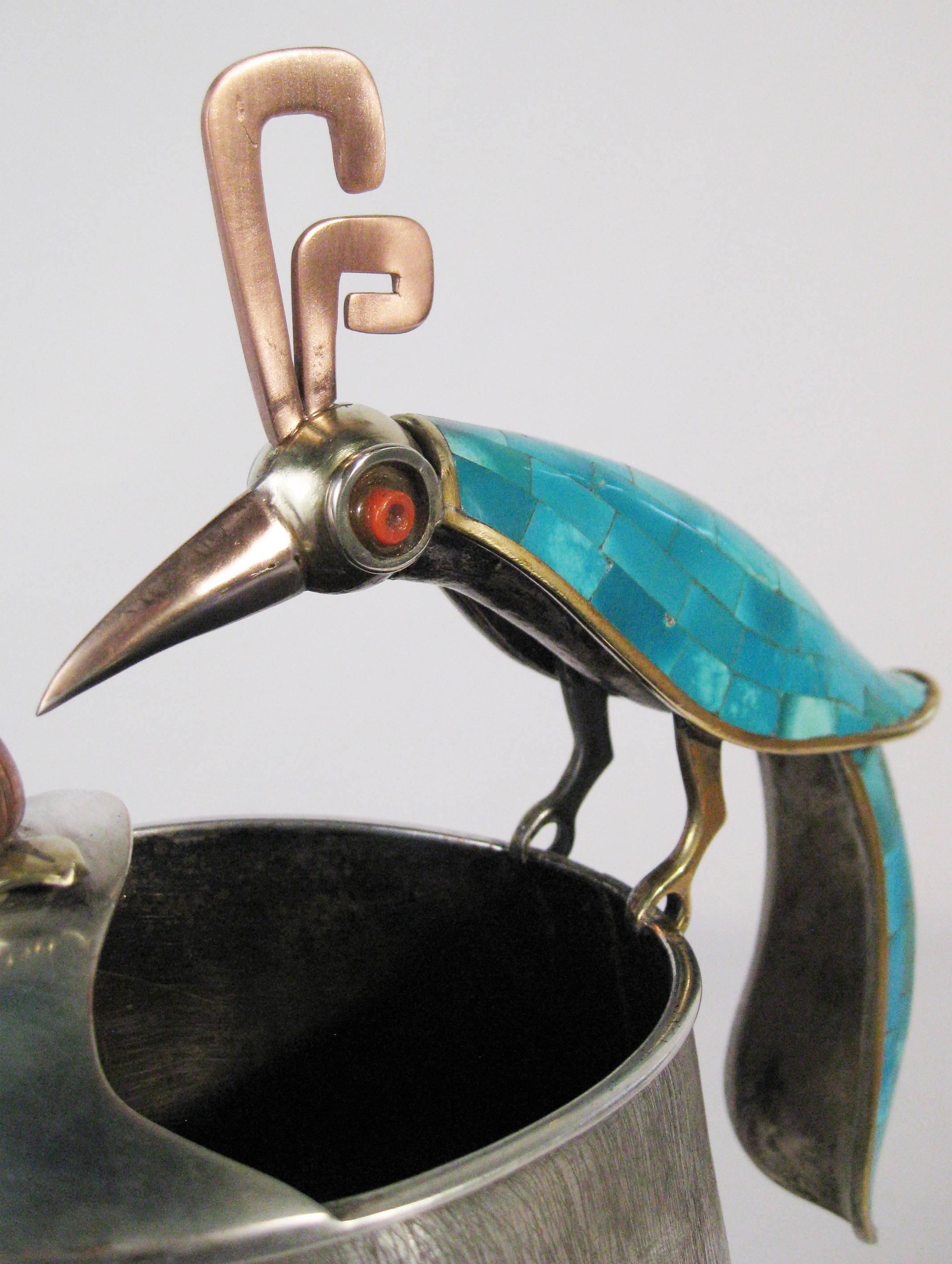 Mid-Century Modern Silvered Brass and Copper Pitcher, Turquoise Coral, Los Castillo Taxco, Mex 1960 For Sale