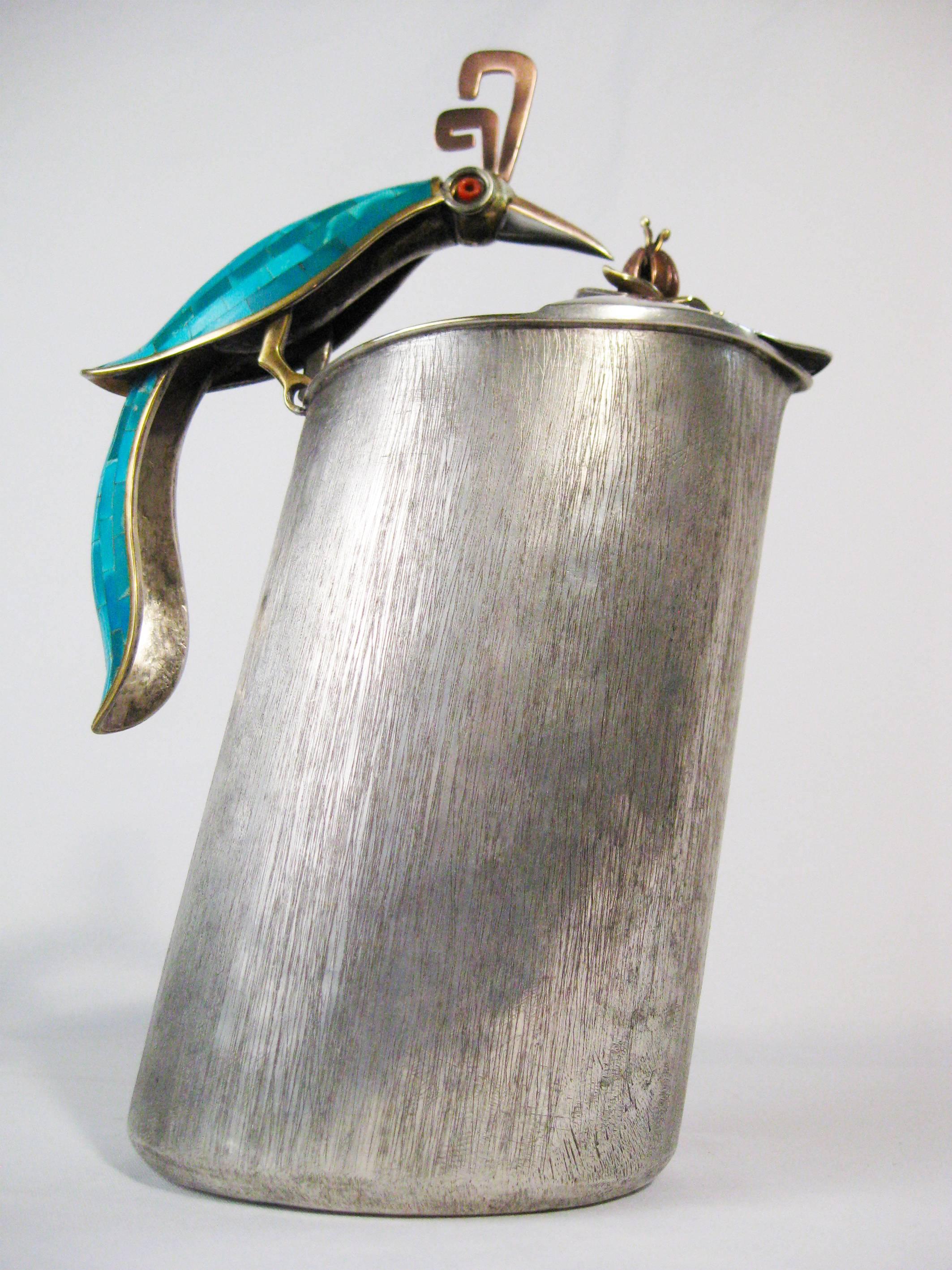 Mexican Silvered Brass and Copper Pitcher, Turquoise Coral, Los Castillo Taxco, Mex 1960 For Sale