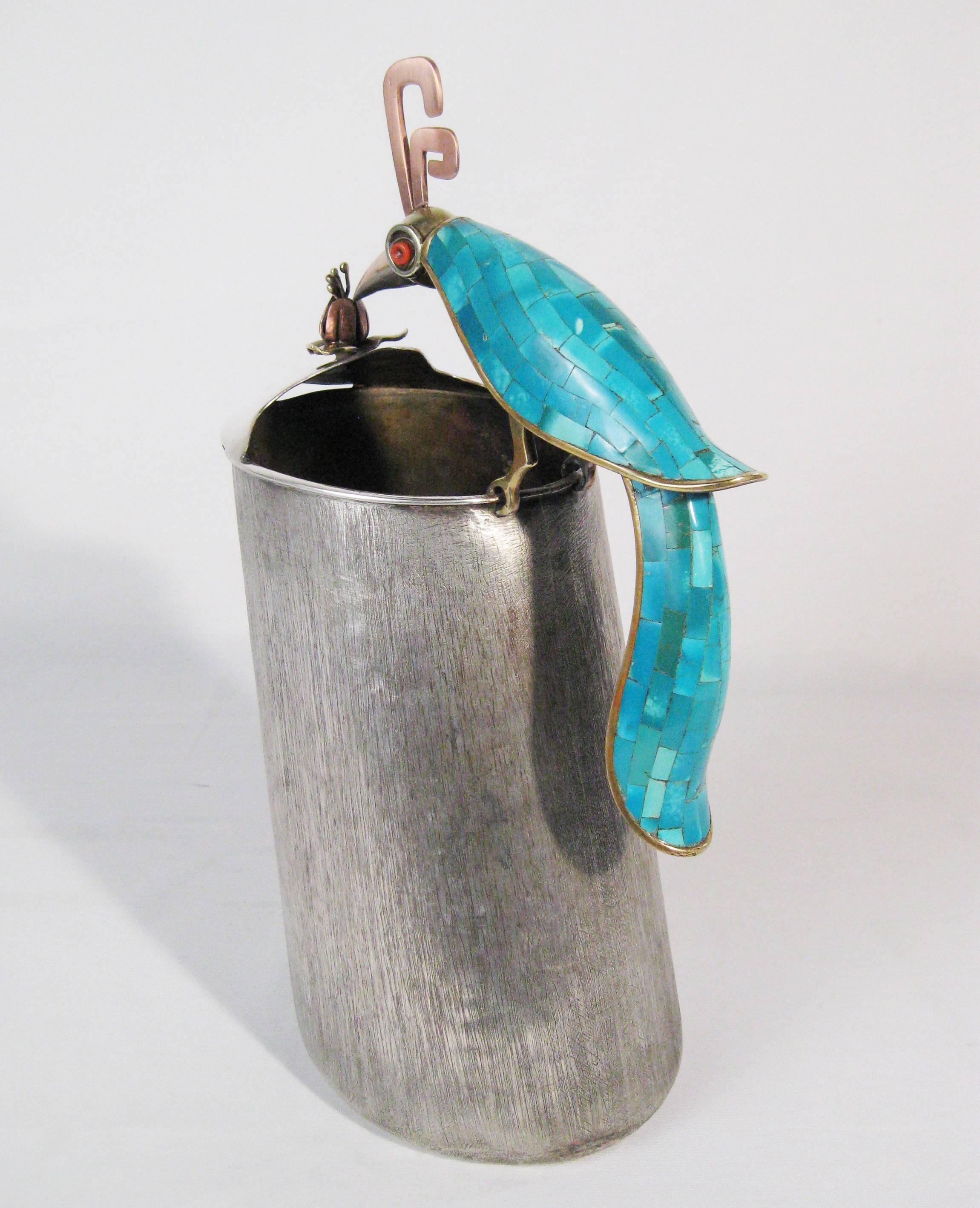 Silvered Brass and Copper Pitcher, Turquoise Coral, Los Castillo Taxco, Mex 1960 In Excellent Condition For Sale In Mexico City, Cuauhtemoc