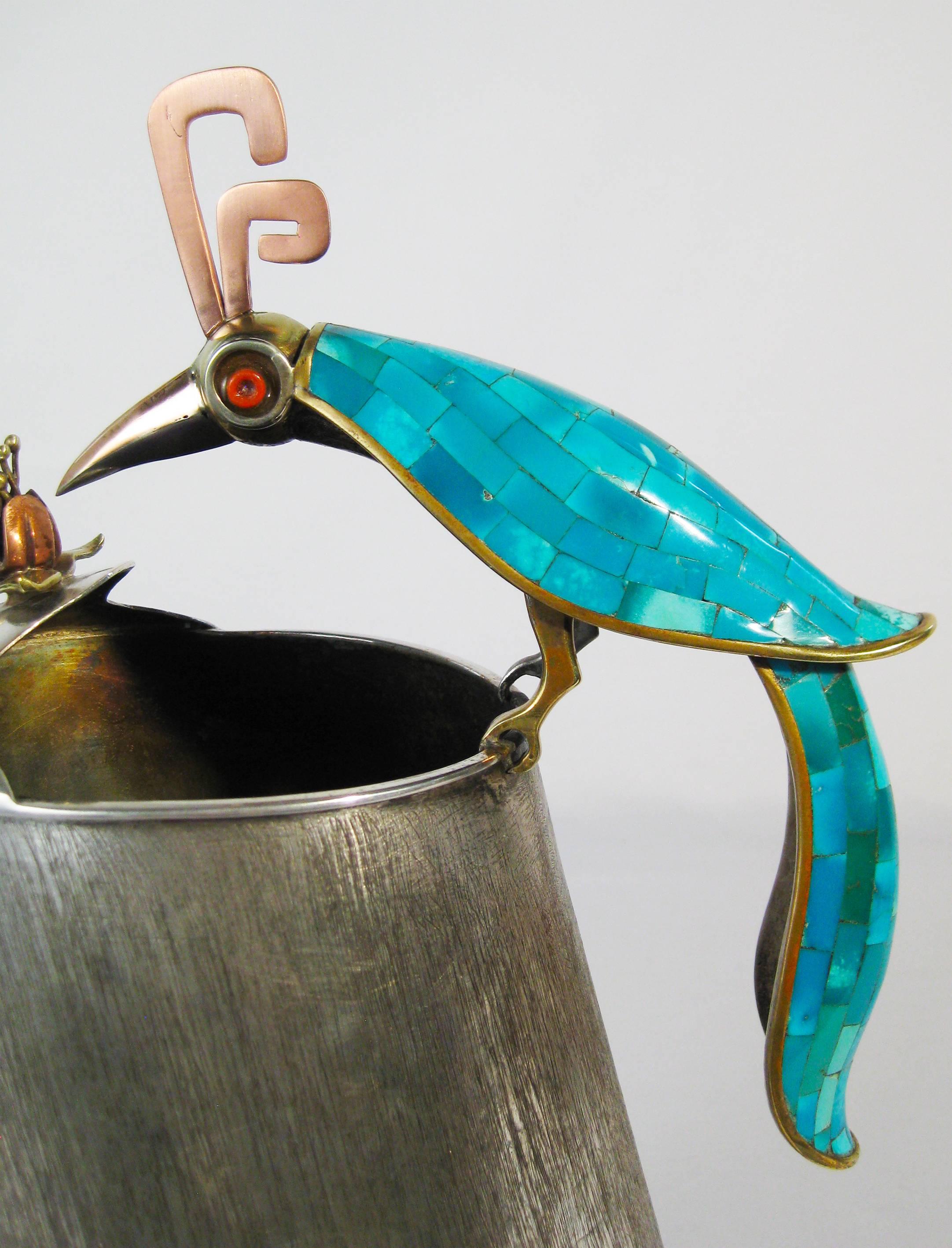 Silvered Brass and Copper Pitcher, Turquoise Coral, Los Castillo Taxco, Mex 1960 For Sale 1