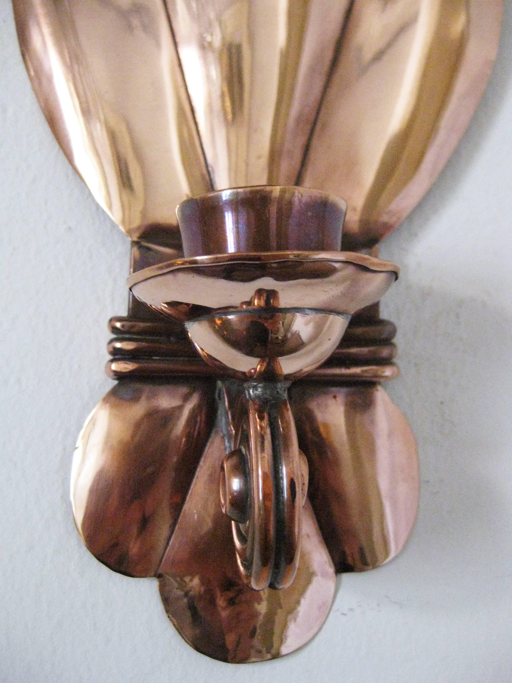 Embossed Cooper Candle Sconces by Héctor Aguilar, Taxco, Mexico, circa 1950 For Sale