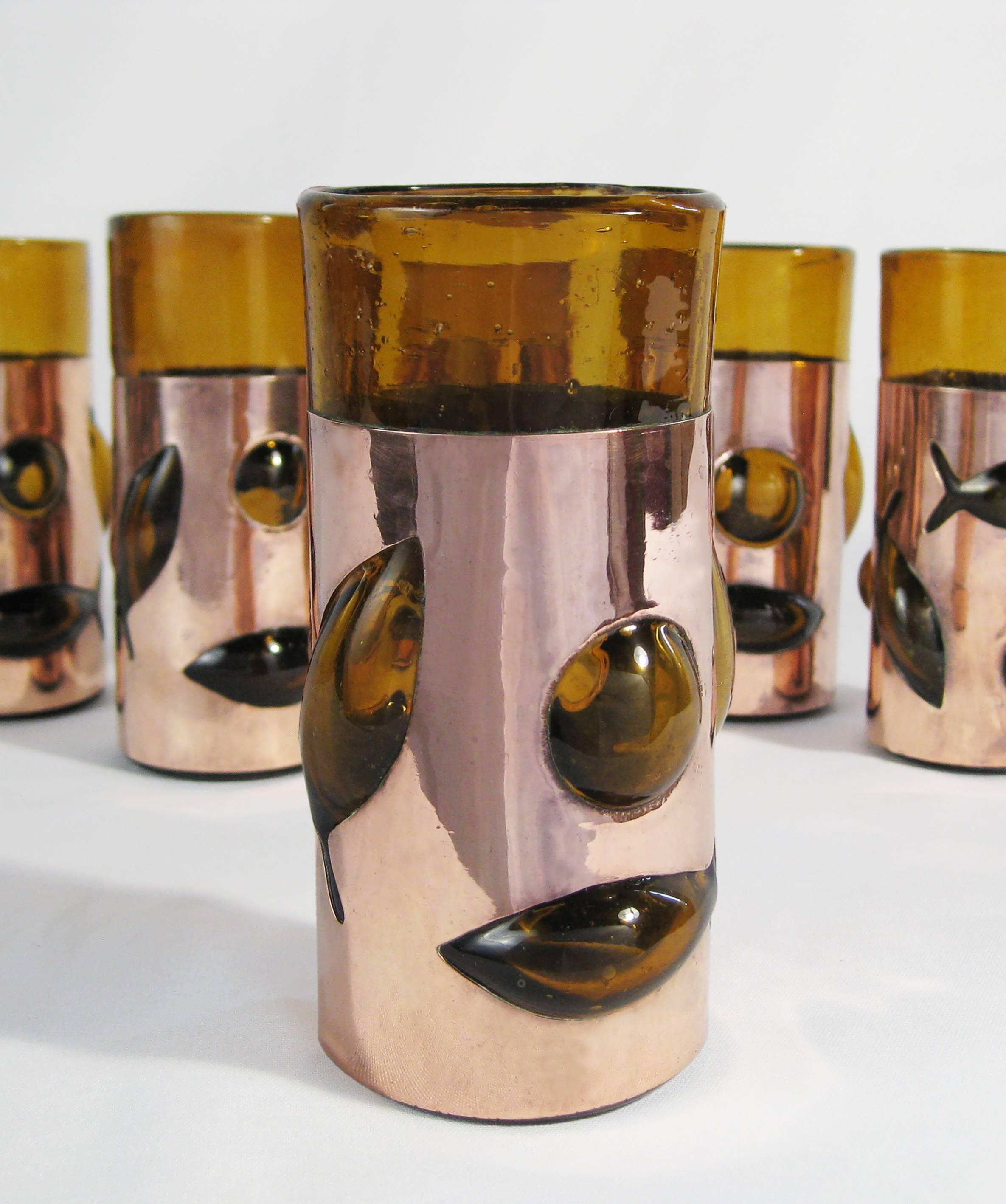 Mid-Century Modern Blown Glass and Brass Glasses, Felipe Delfinger, Feder's, Cuernavaca, Mex. 1970 For Sale