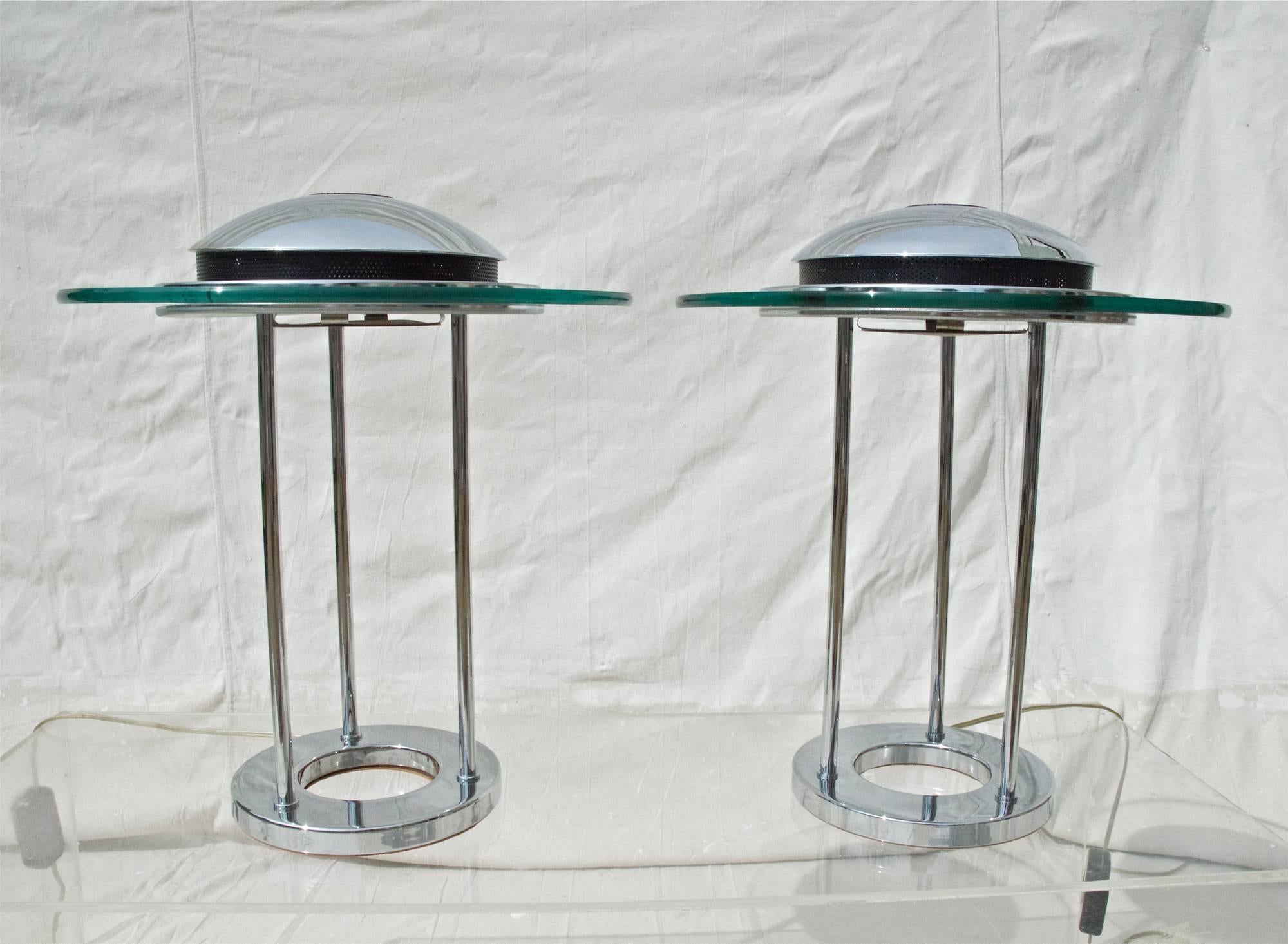 A sleek pair of modernist lamps of chrome and glass by Robert Sonneman for Kovacs. Super clean with very light use, the lamps were purchased in 1988 and have been lovingly looked out for by the original owner. Original dimmer switches and cords on