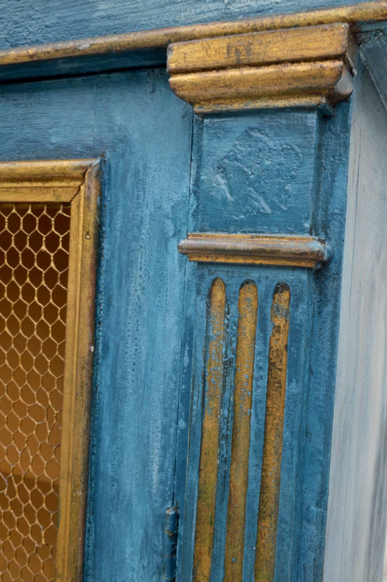 Italian Breakfront Cupboard in Mediterranean Blue Painted Finish For Sale 1