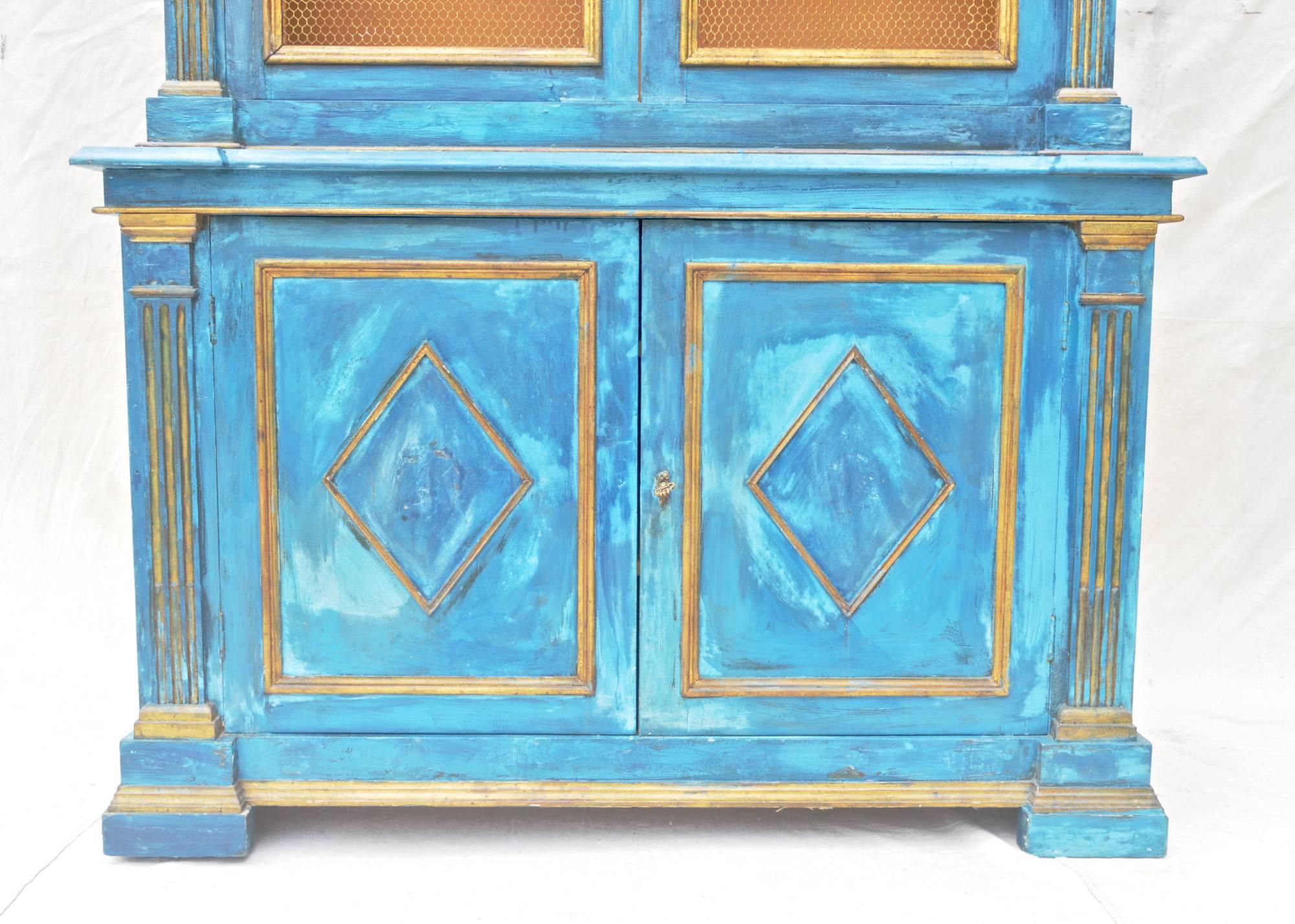 Italian Breakfront Cupboard in Mediterranean Blue Painted Finish In Good Condition For Sale In Charlottesville, VA