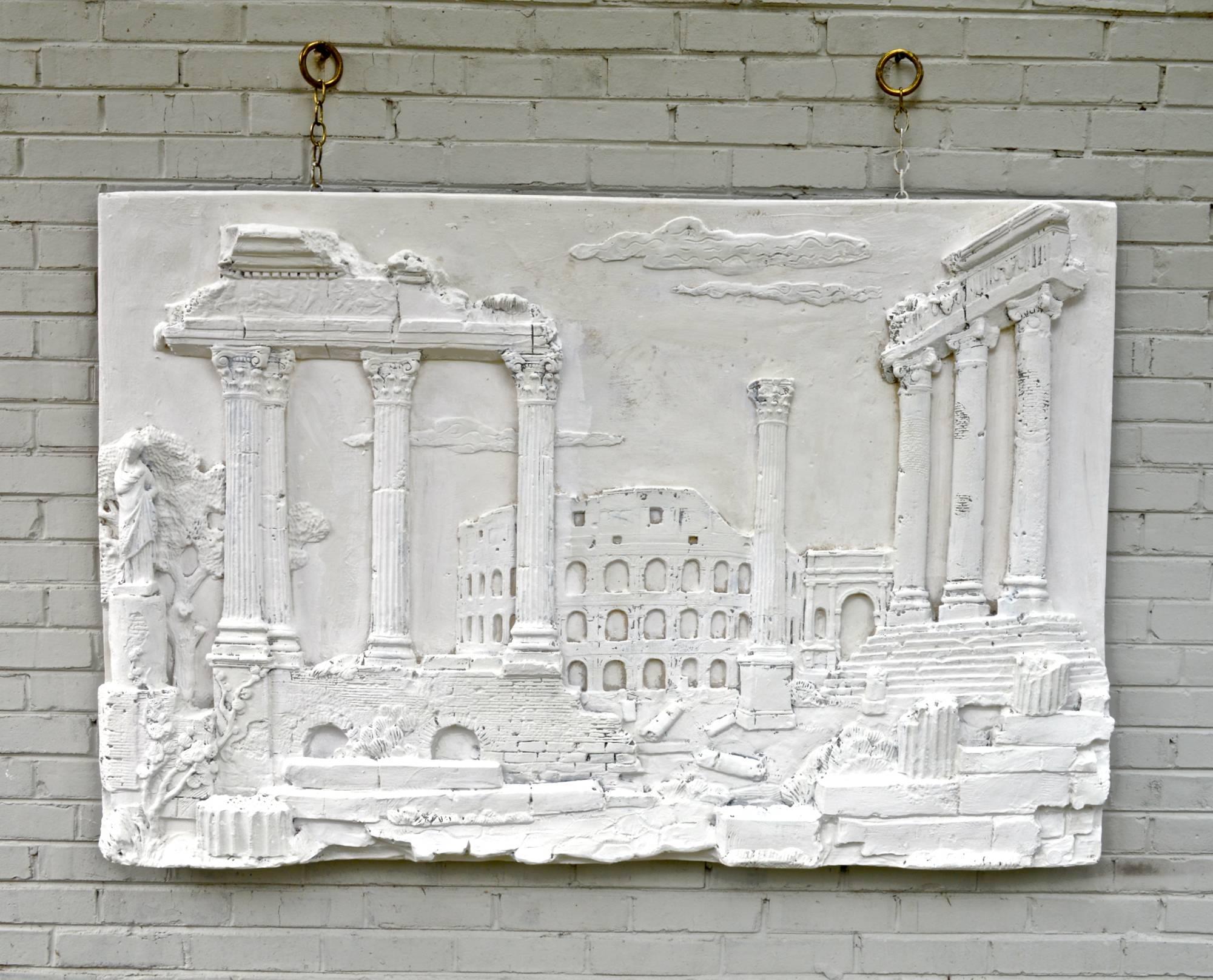 Fiberglass cast wall panel of a classical scene by Harold Studios, Inc.. The highly detailed hanging sculpture depicts ruins in spendor and will make a dramatic impact wherever it is employed. Circa 1950's. 