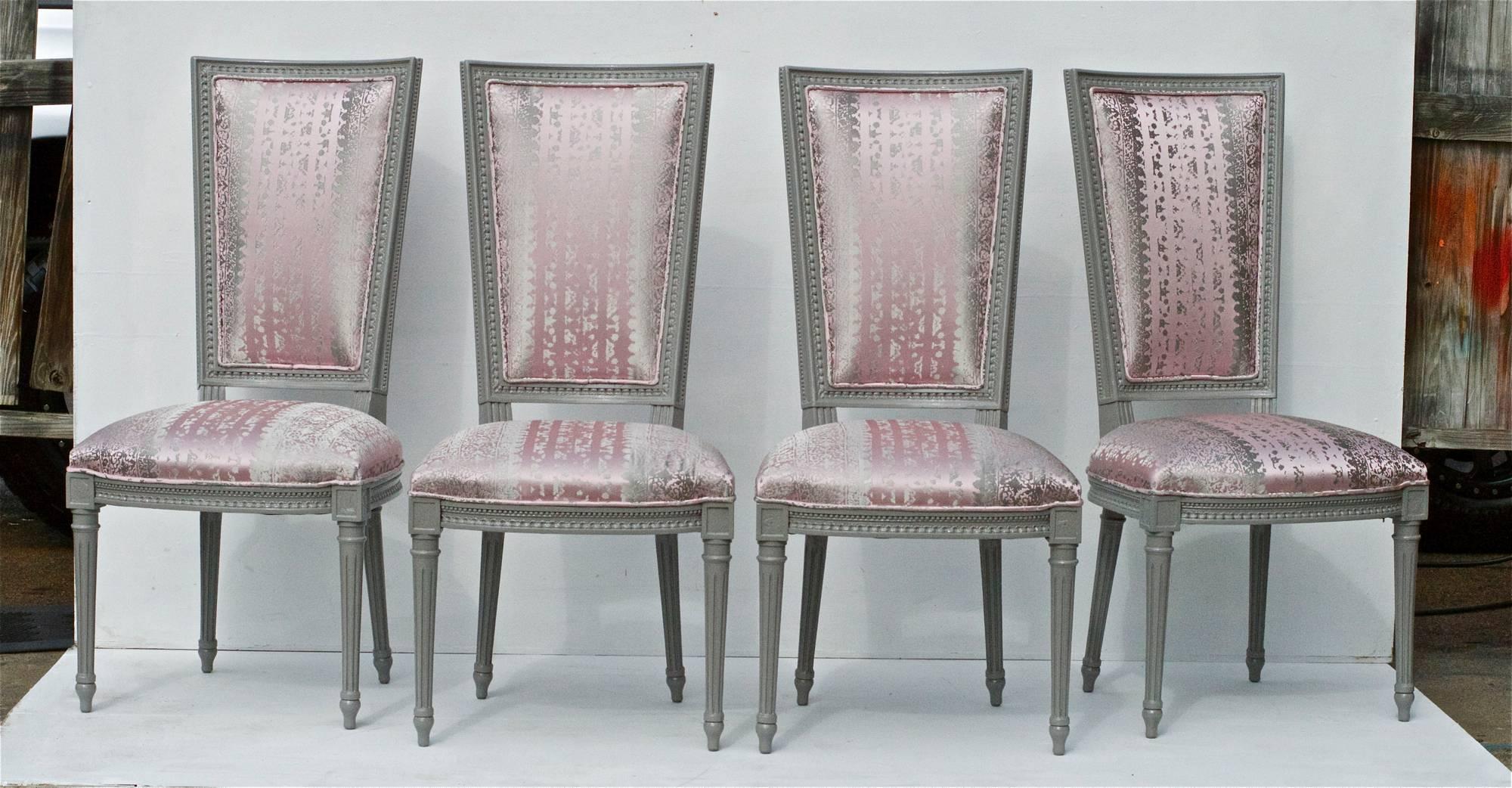 Louis XVI High Back Dining Chairs in Donghia, Set of 4 For Sale 2