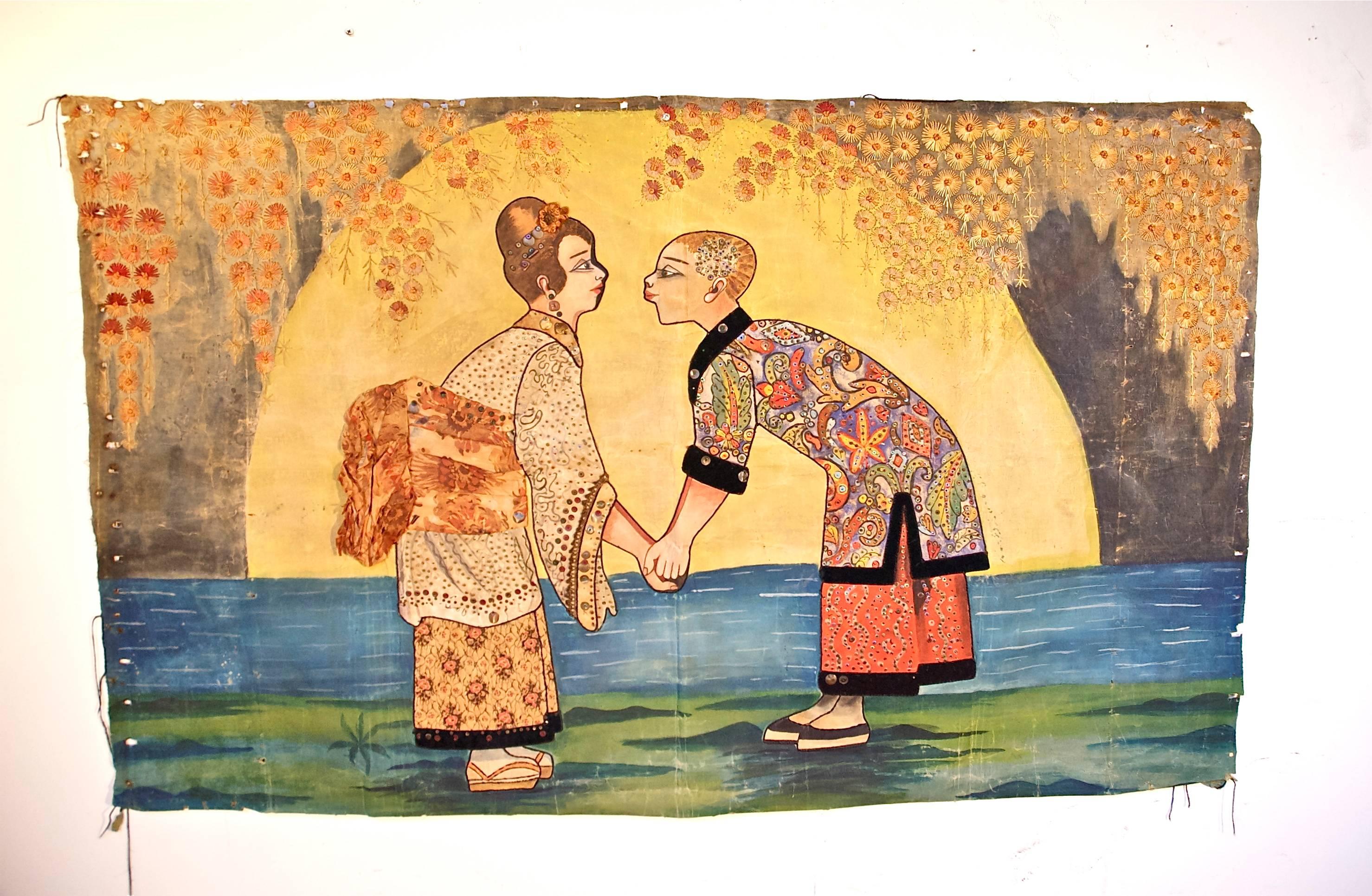 A vibrant and unusual Asian tapestry on canvas depicting young lovers that are about to kiss by the sea. The unsigned, mixed media work is part embroidery, part oil on canvas and part watercolor. It is unframed. It has been framed in the past. This