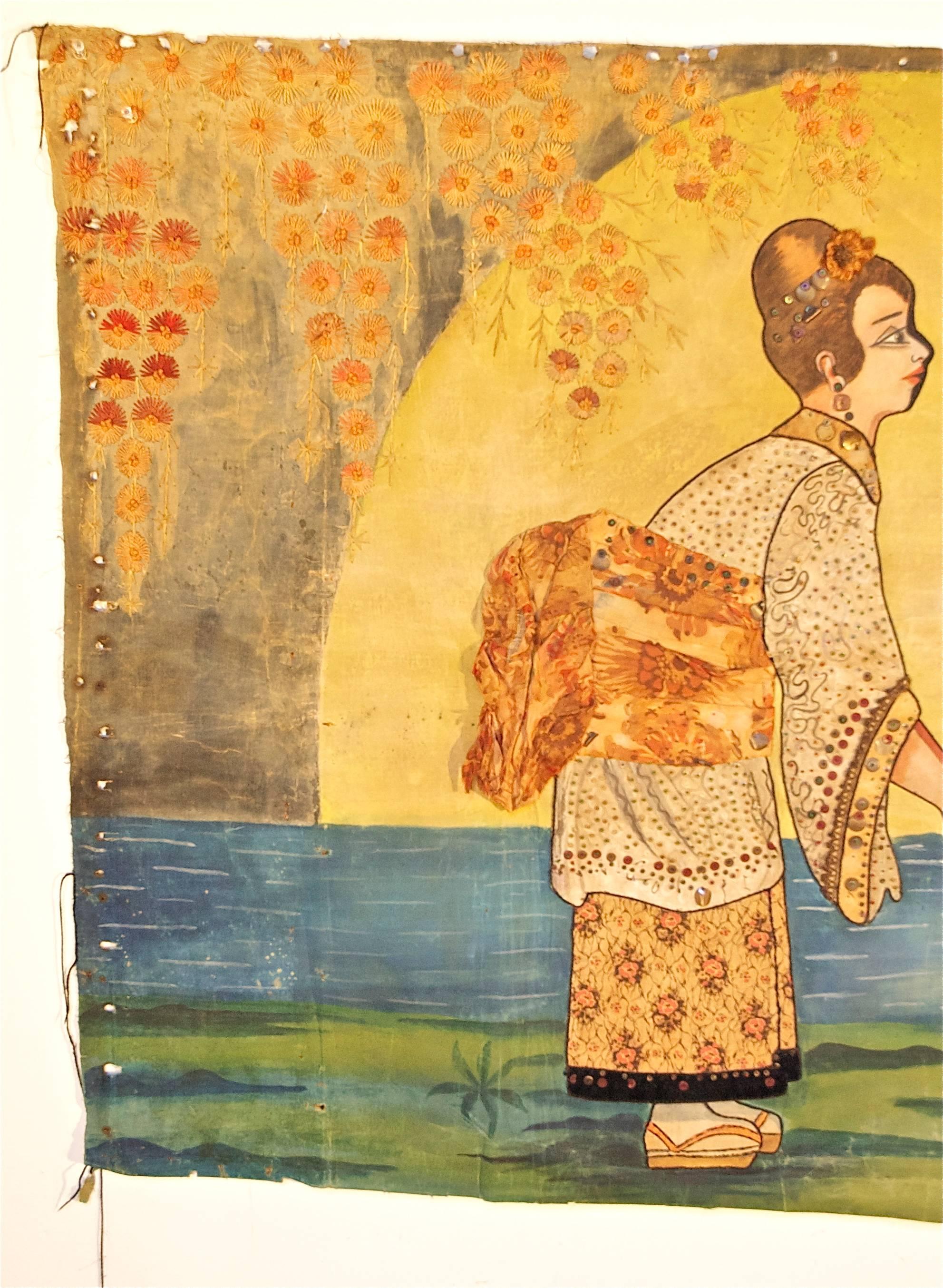 20th Century Asian Tapestry of Lovers by the Sea For Sale