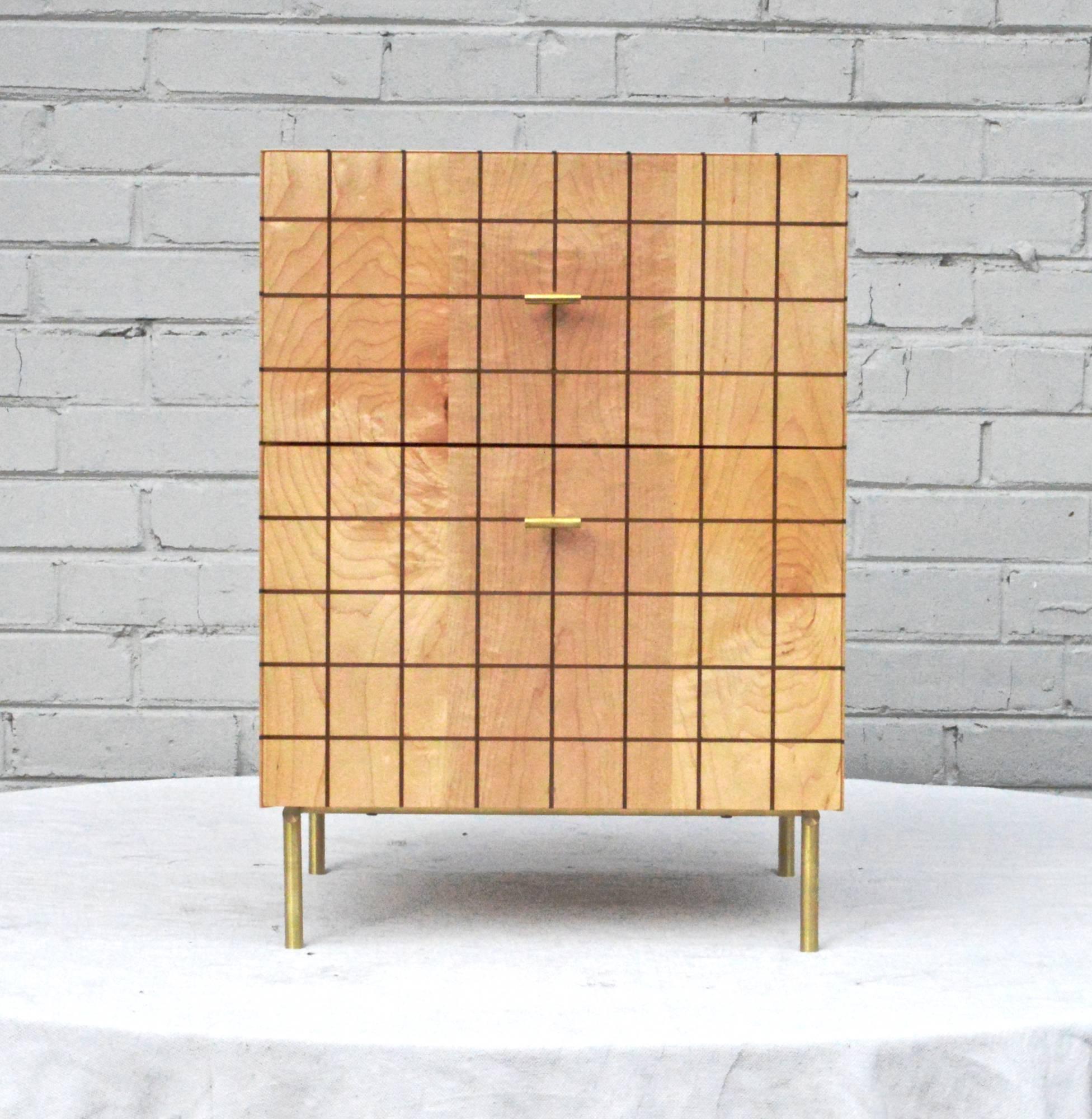 Stunning "grid" cabinet in maple and black walnut inlay throughout by artist / designer Tate Pray. The functional piece works well as end table, bedside stand or standing along as a card / game playing table as the gridded top was designed