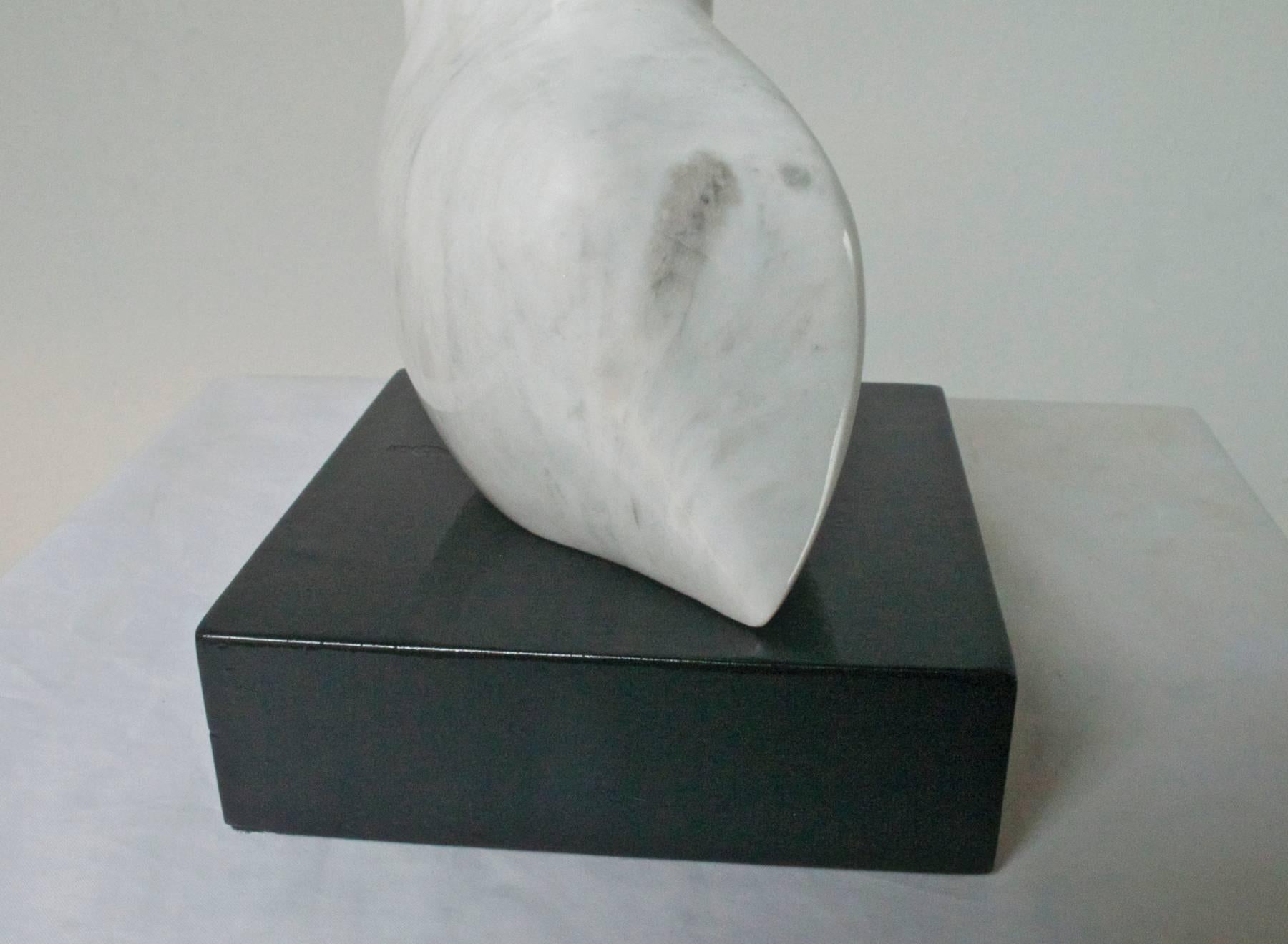 A simple abstract sculpture depicting a pelican. The monolithic piece of Carrara marble was hand chiseled and polished to a fairly shiny gloss. The piece has recently been perched atop the pictured black gallery riser.