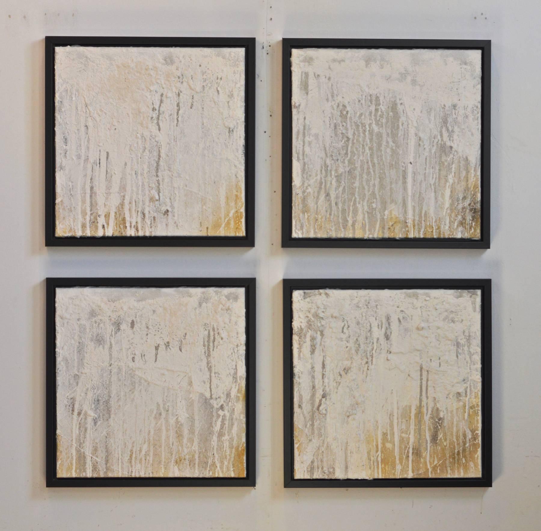 A set of four plaster studies in simple and chic black gallery floater frames. The wall-mounted decorative art pieces are composed of plaster, concrete, acrylic and oil based paints and capture the simple and sublime passage of time via the