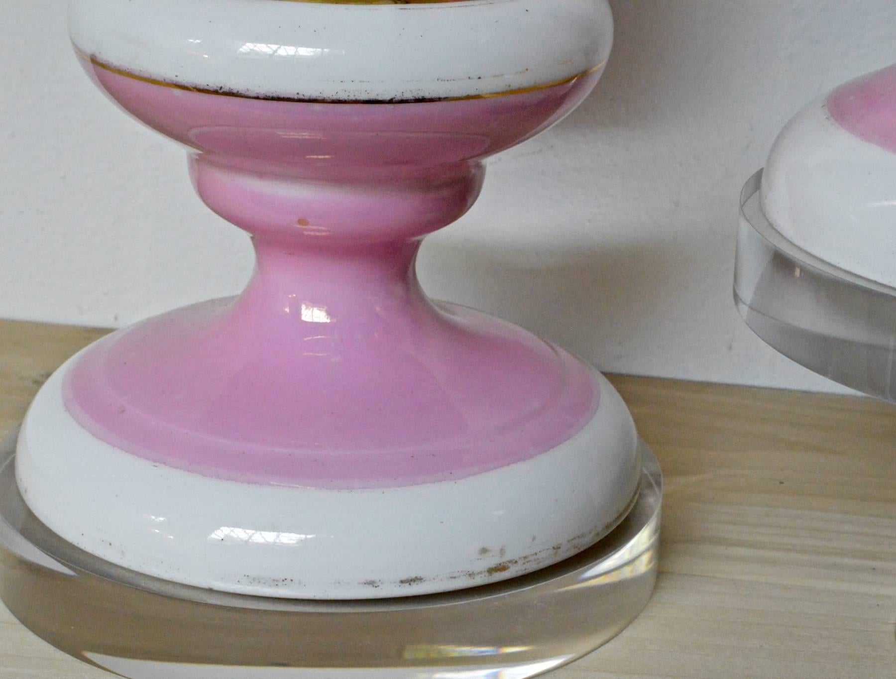 Porcelain Pink Jardinières on Lucite, a Pair