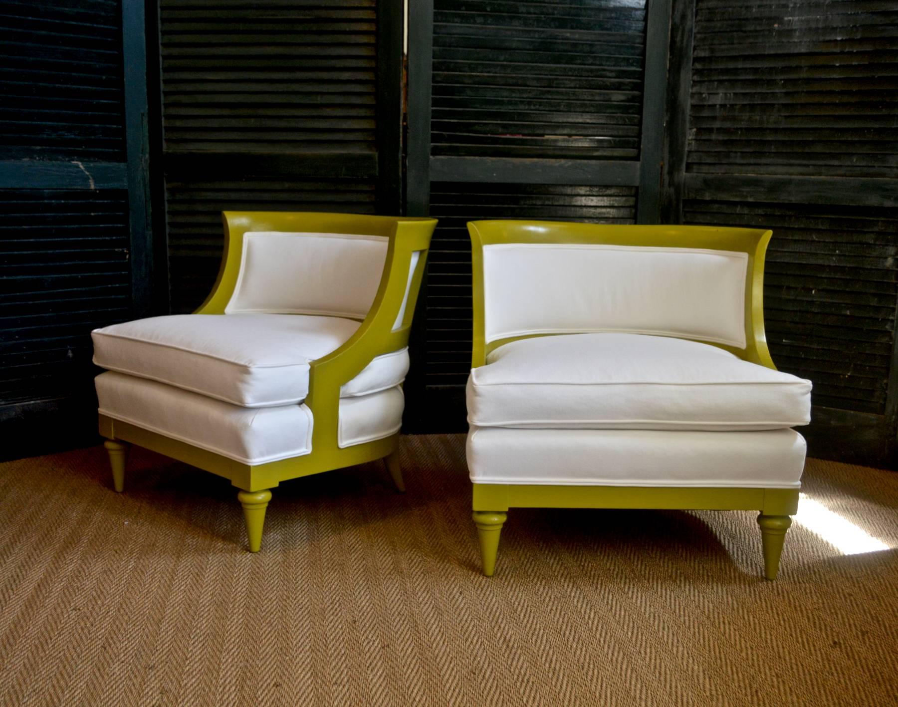 Hollywood Regency Pair of Slipper Chairs in Chartreuse