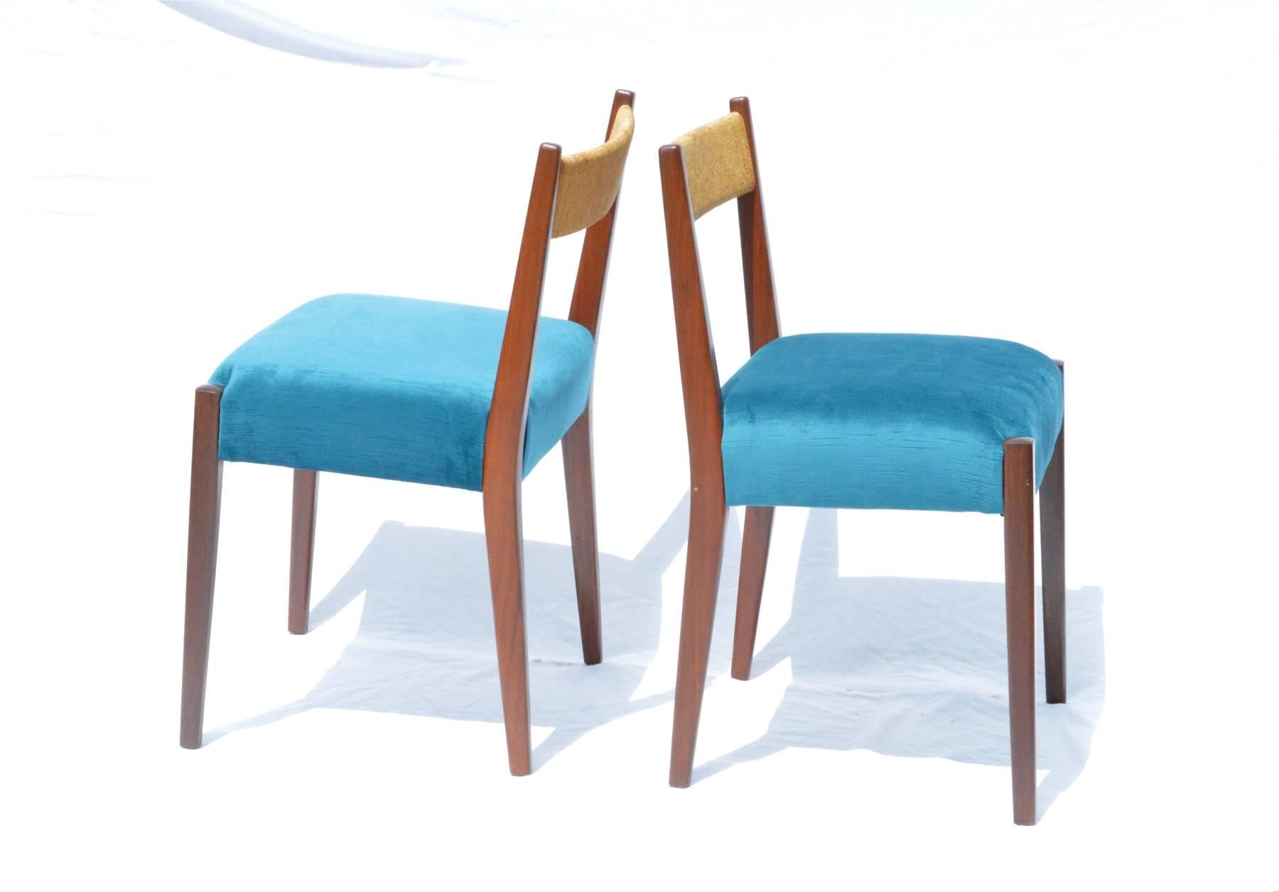 Danish Modern Dining Chairs in Peacock Velvet In Excellent Condition In Charlottesville, VA