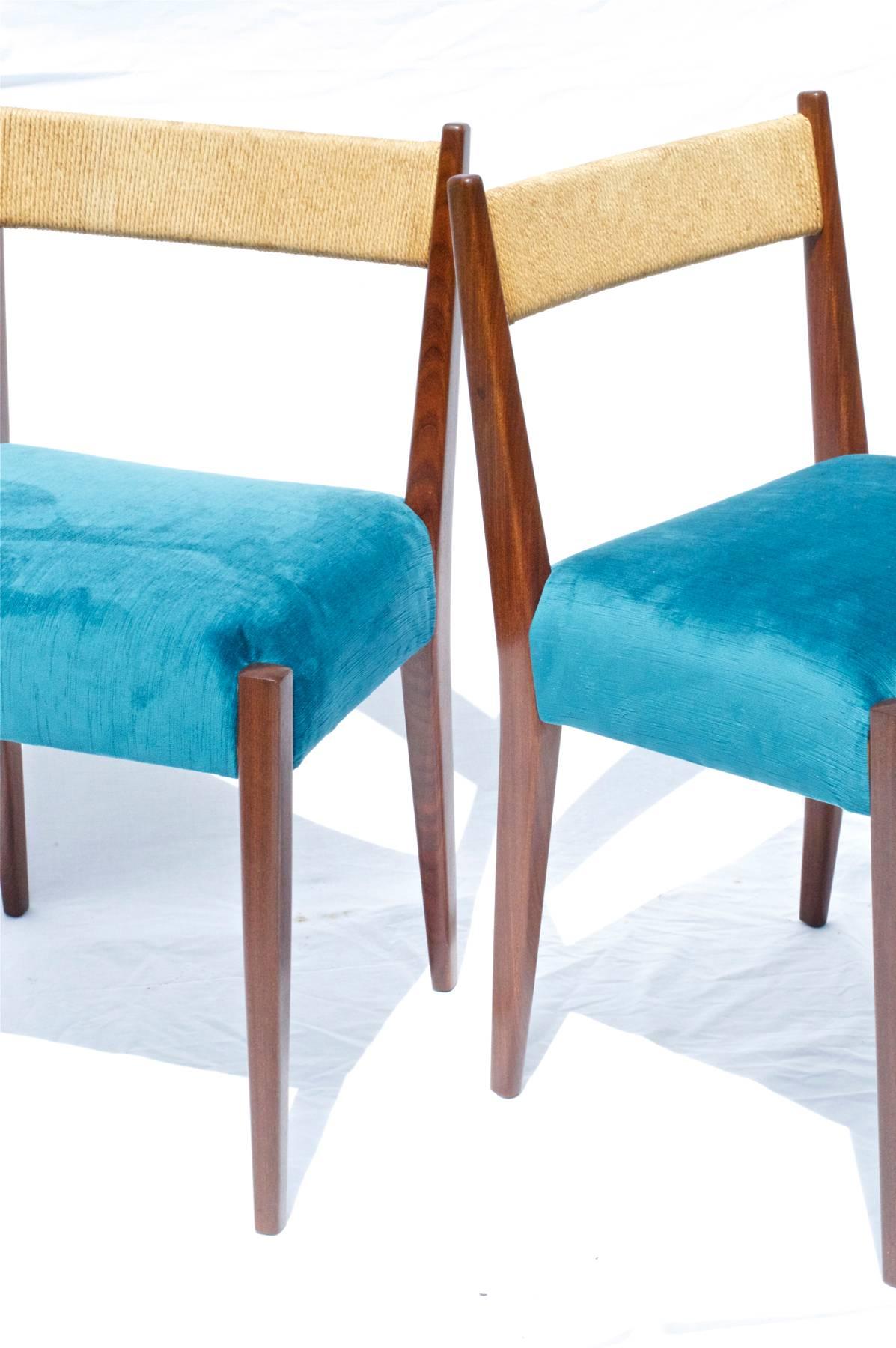 Teak Danish Modern Dining Chairs in Peacock Velvet