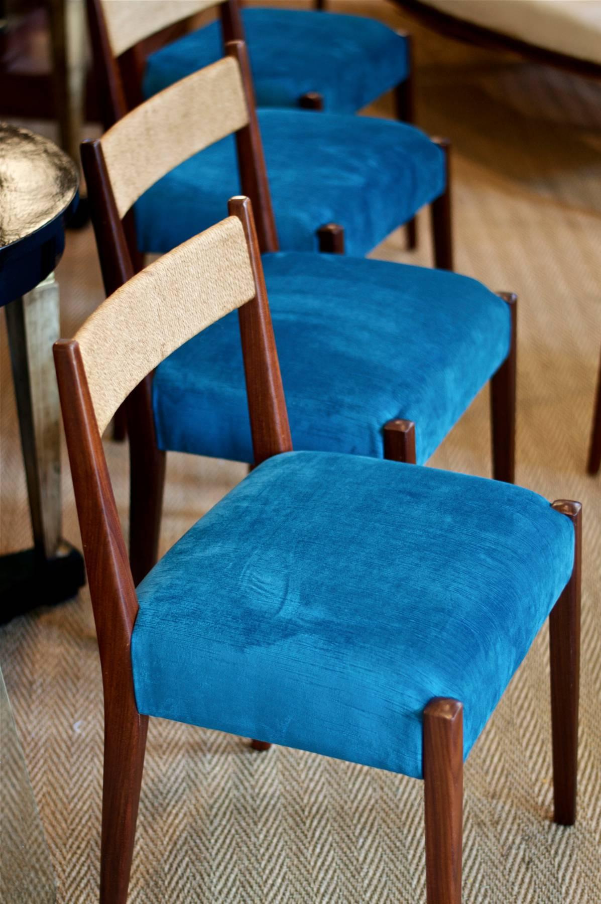 Hand-Crafted Danish Modern Dining Chairs in Peacock Velvet