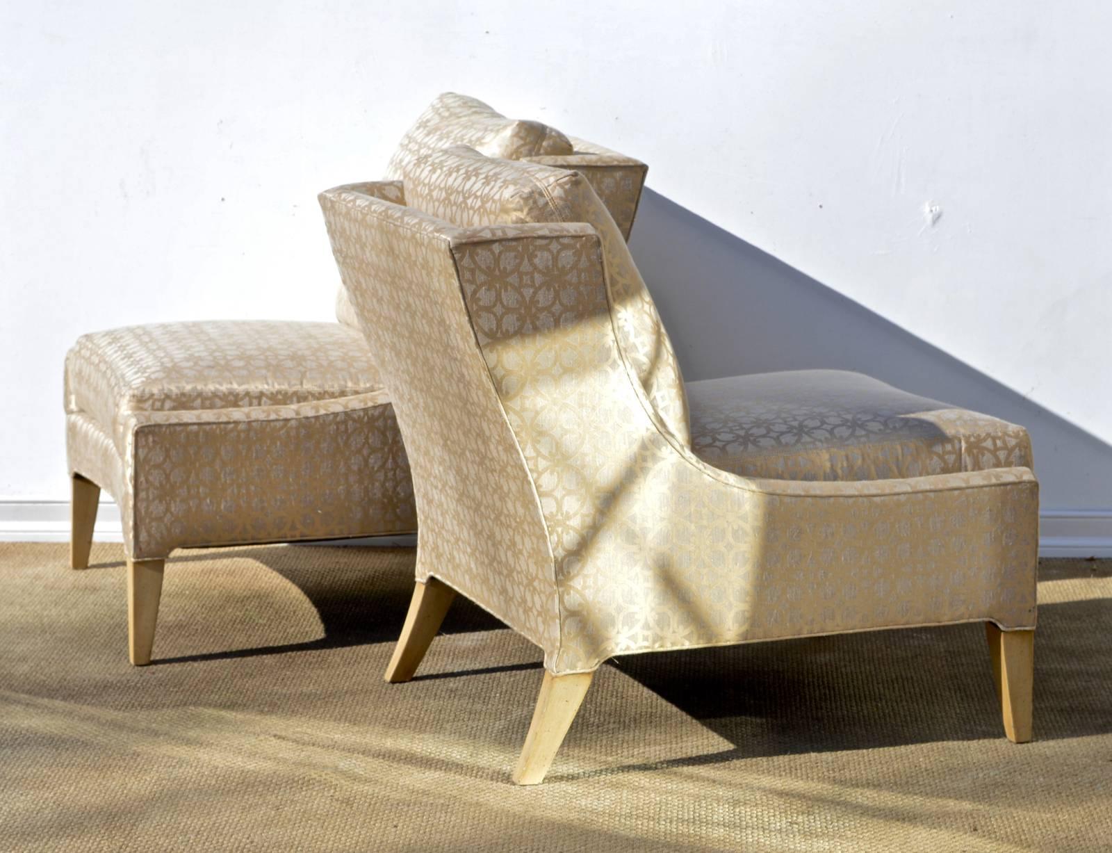 American Slipper Chairs in Quatrefoil Silk Fabric, a Pair