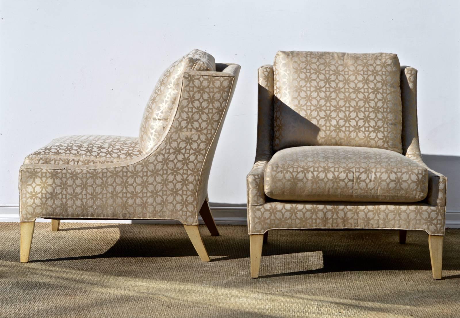 Hollywood Regency Slipper Chairs in Quatrefoil Silk Fabric, a Pair