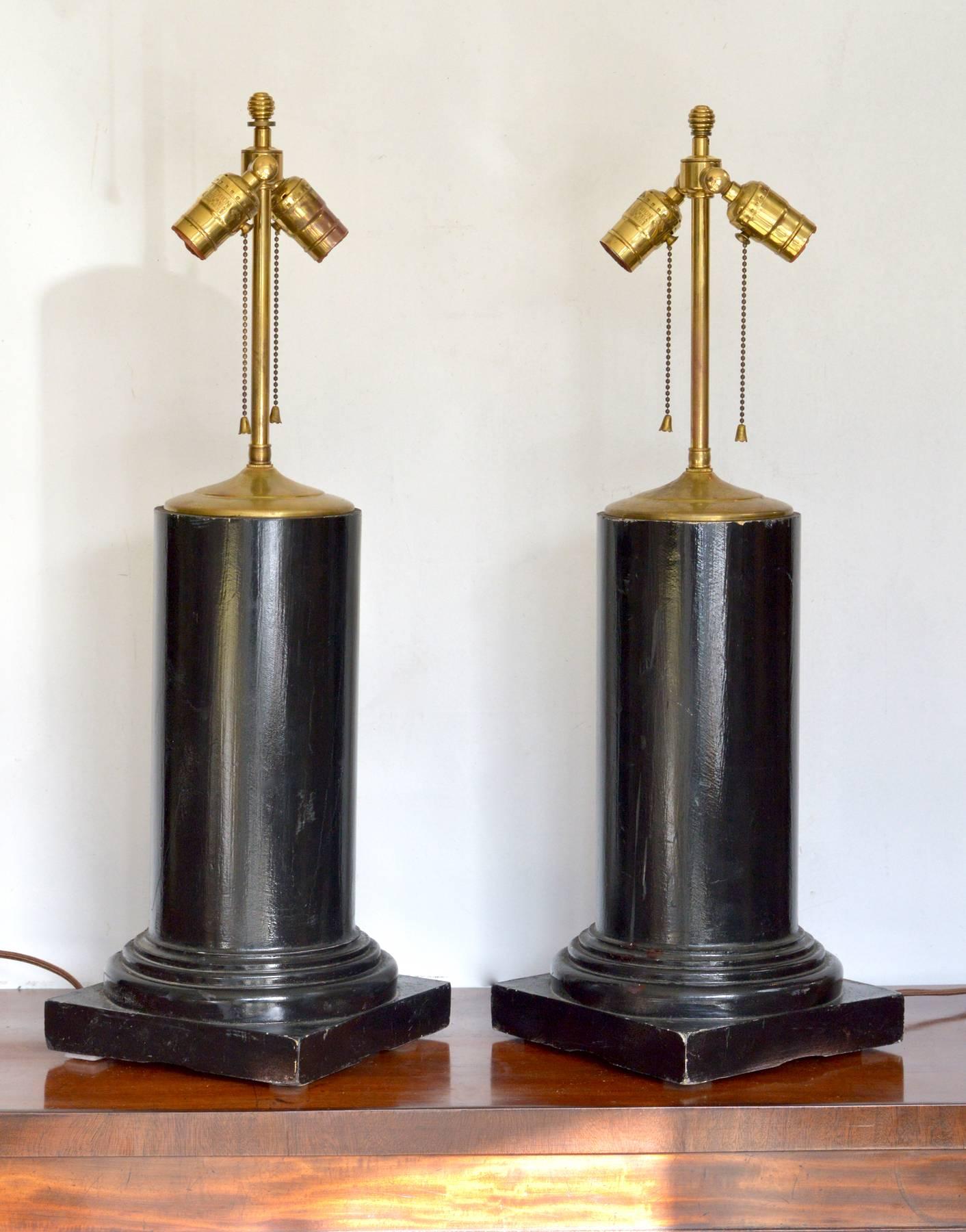 Composition Ebonized Architectural Column Lamps, Pair For Sale