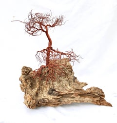 Organic Modern Sculpture of Copper Tree on Driftwood Base