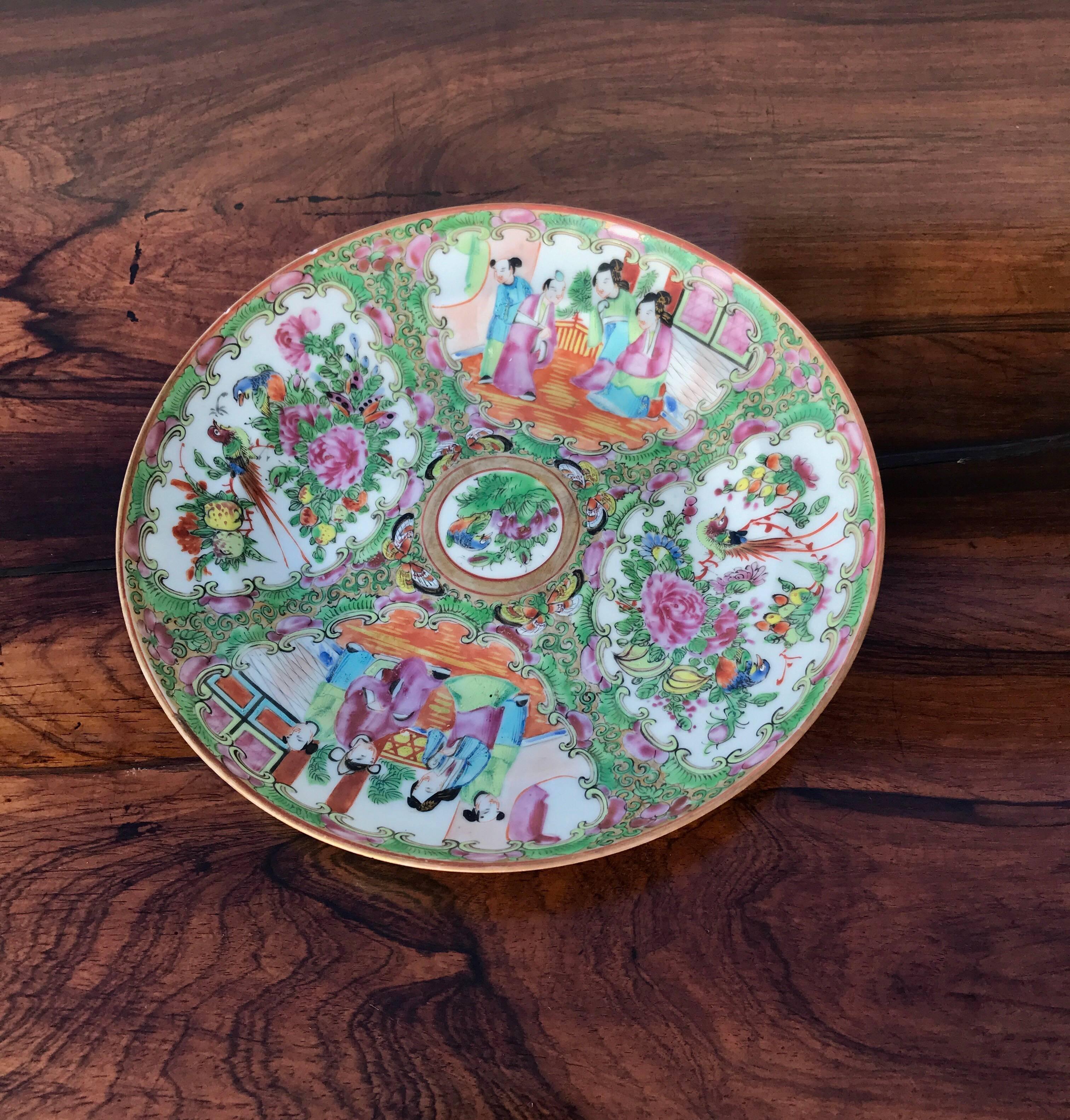 Hand-Painted Chinese Export Rose Mandarin Saucer Dish, Mid 20th Century