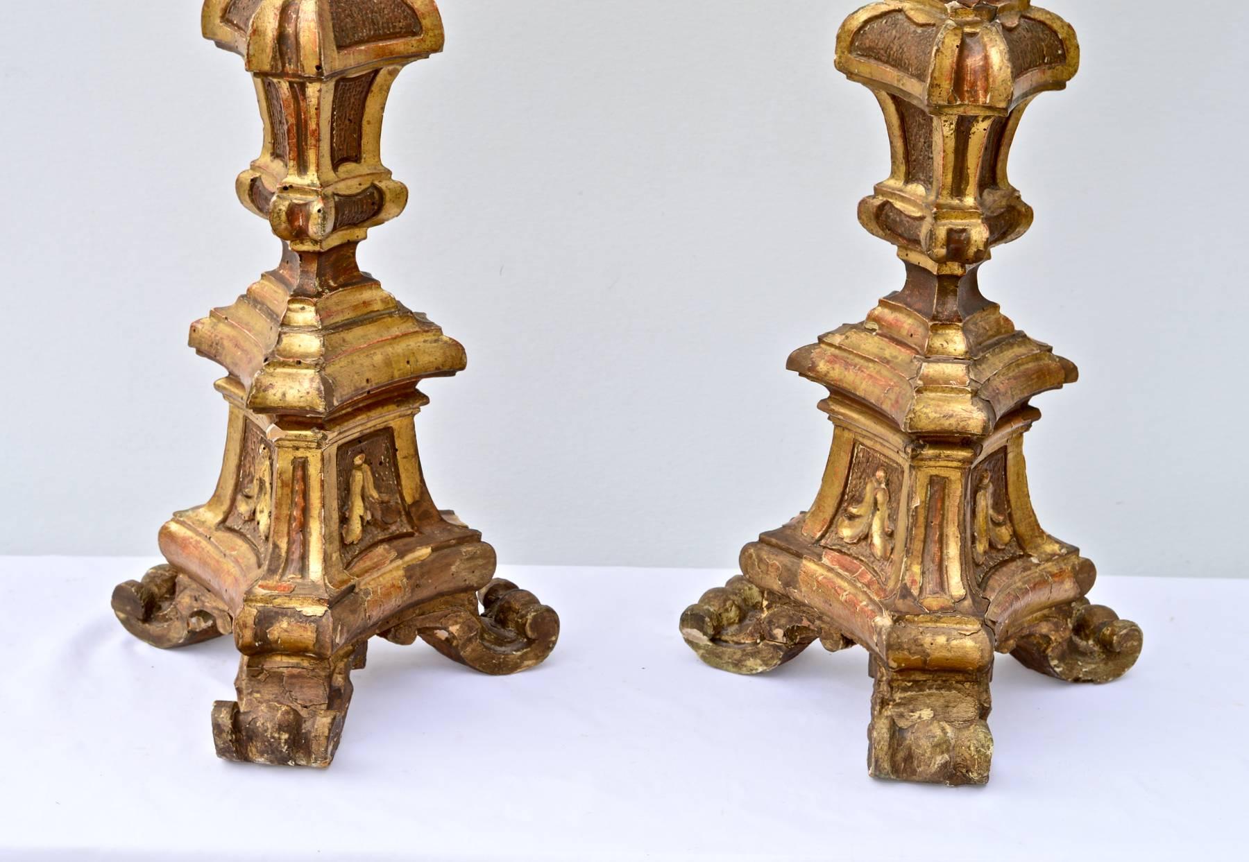 Baroque 19th Century Italian Giltwood Candlestick Lamps