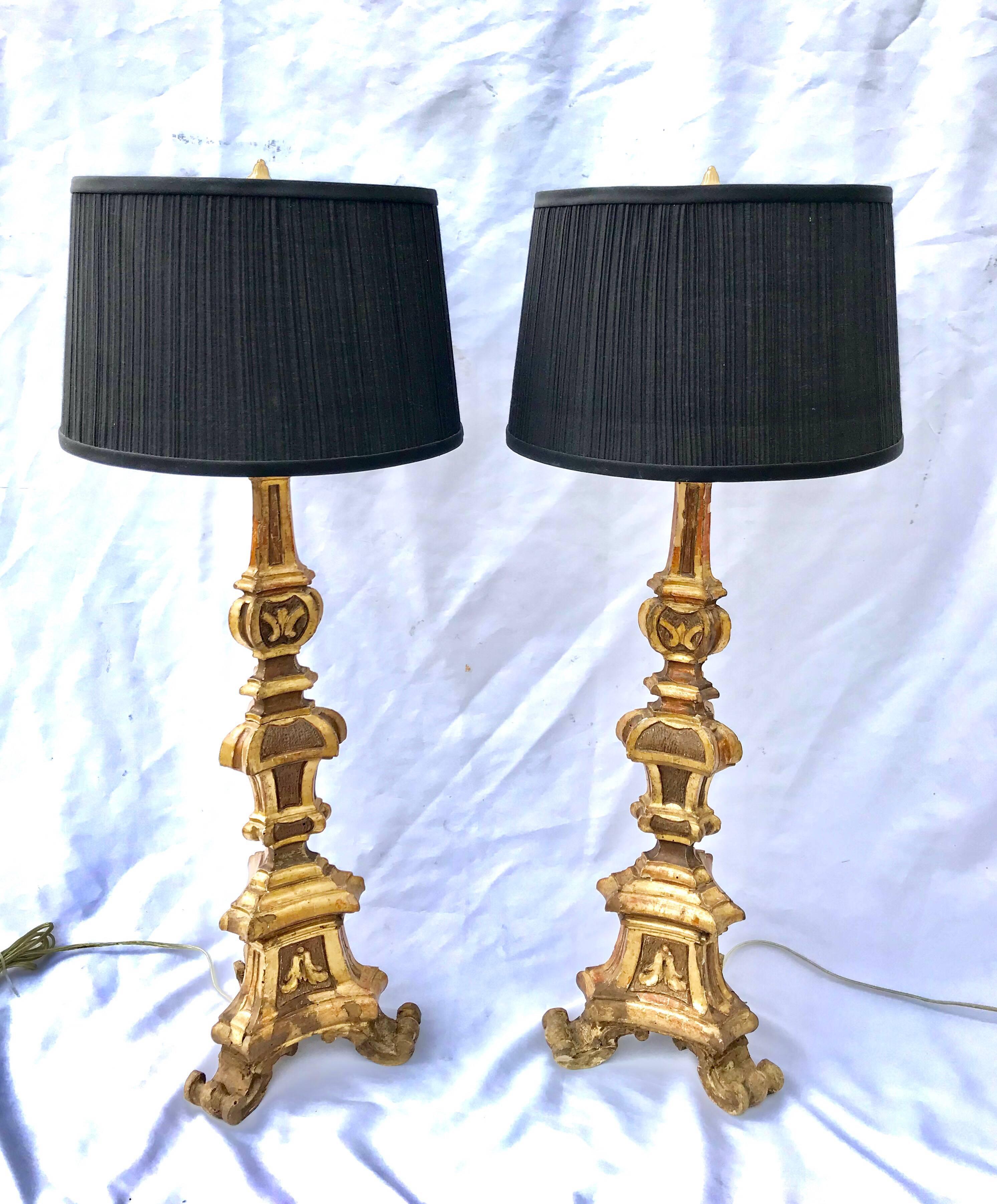 19th Century Italian Giltwood Candlestick Lamps 1